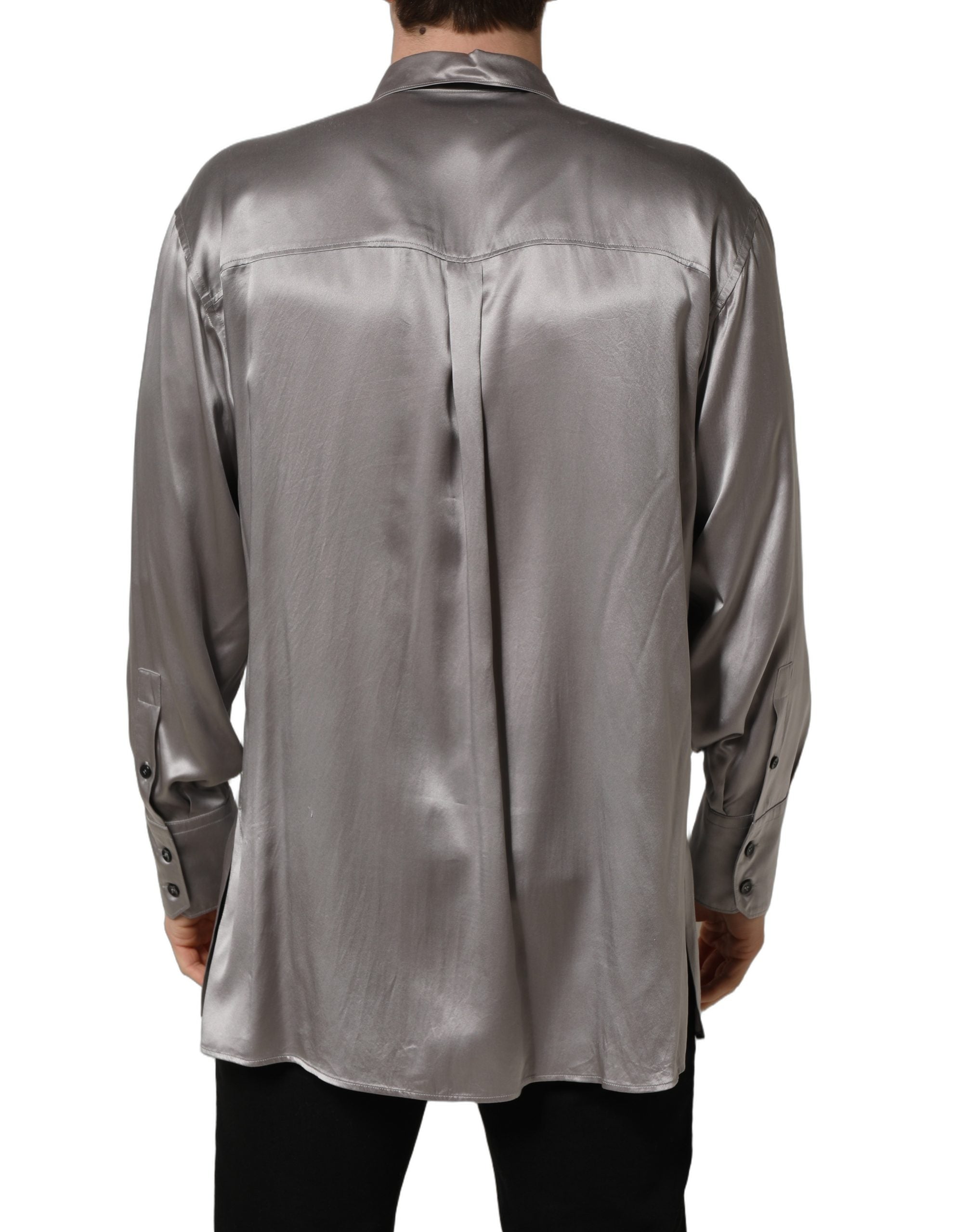 Dolce & Gabbana Metallic Grey Satin Silk Formal Dress Men's Shirt (Pre-Owned)