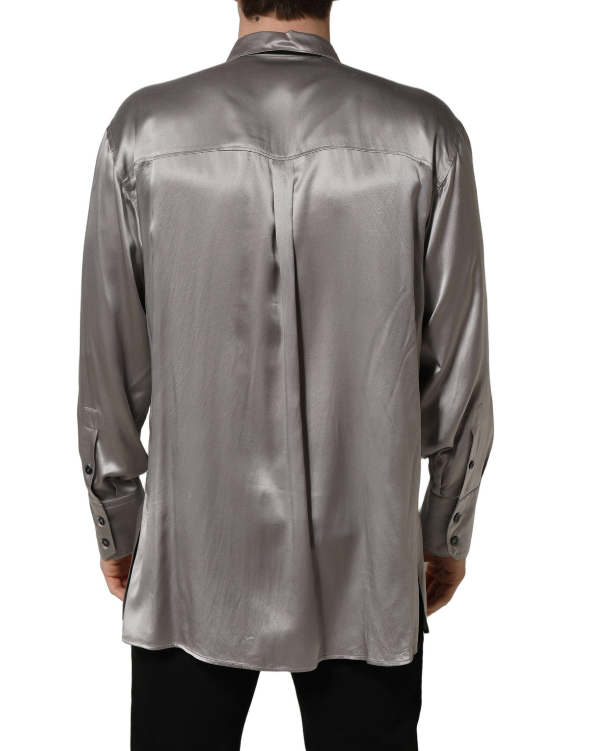 Dolce & Gabbana Metallic Grey Satin Silk Formal Dress Men's Shirt (Pre-Owned)