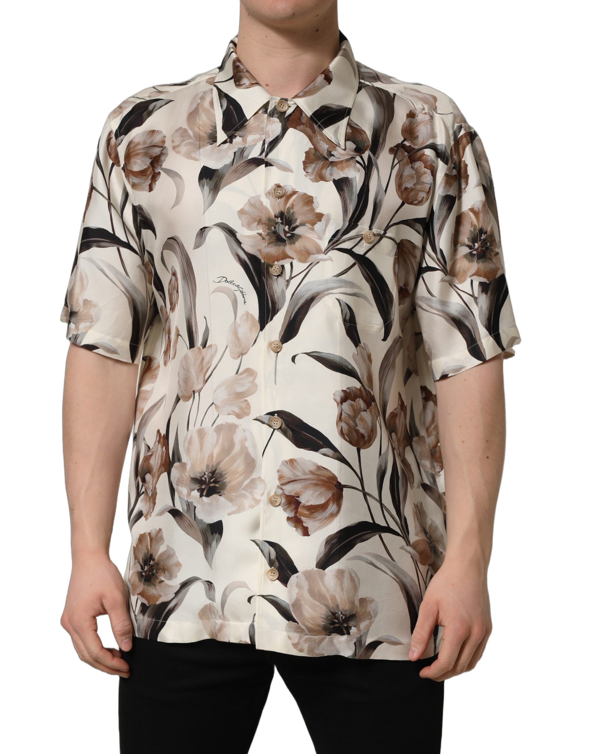 Dolce & Gabbana Beige Tulip Print Silk Short Sleeves Men's Shirt (Pre-Owned)