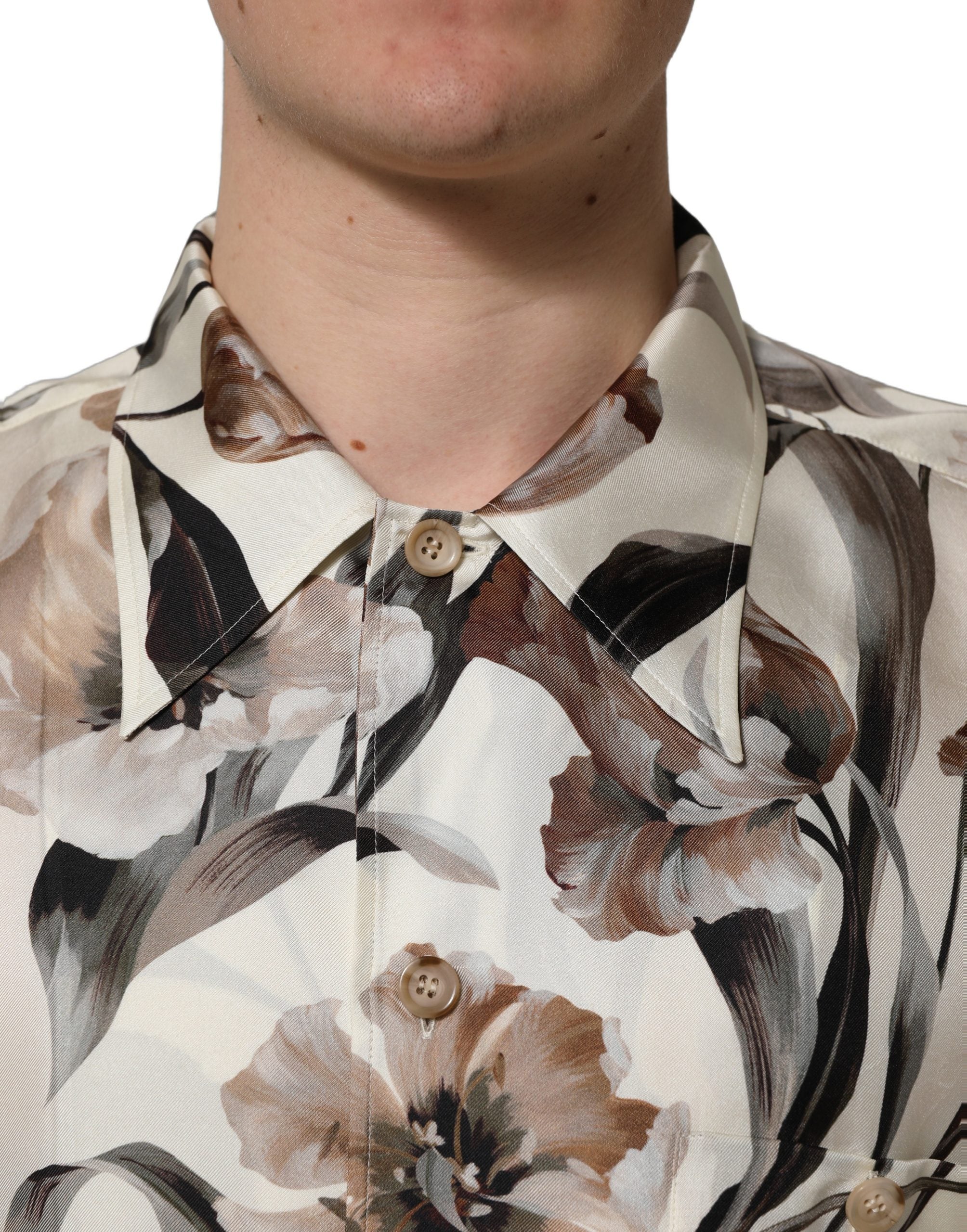 Dolce & Gabbana Beige Tulip Print Silk Short Sleeves Men's Shirt (Pre-Owned)