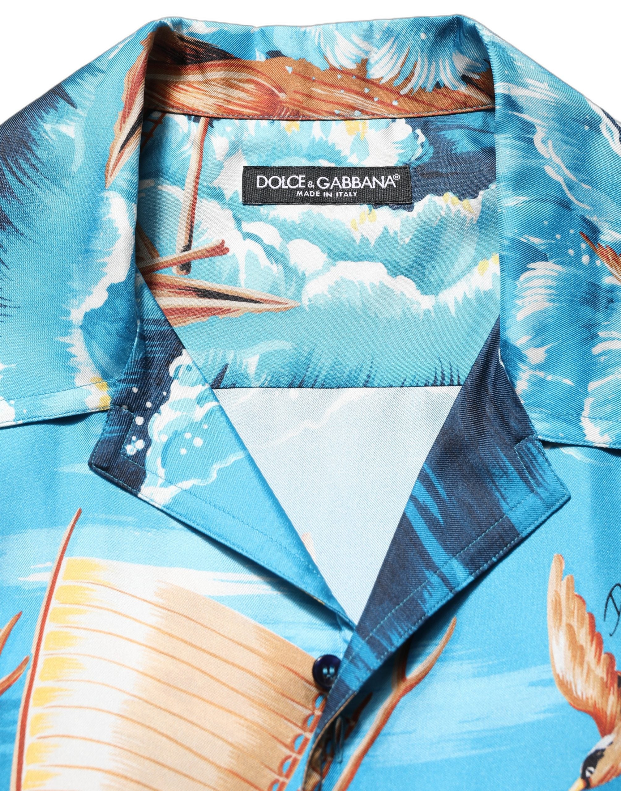 Dolce & Gabbana Blue Silk Twill Hawaiian GraphicPrint Men's Shirt