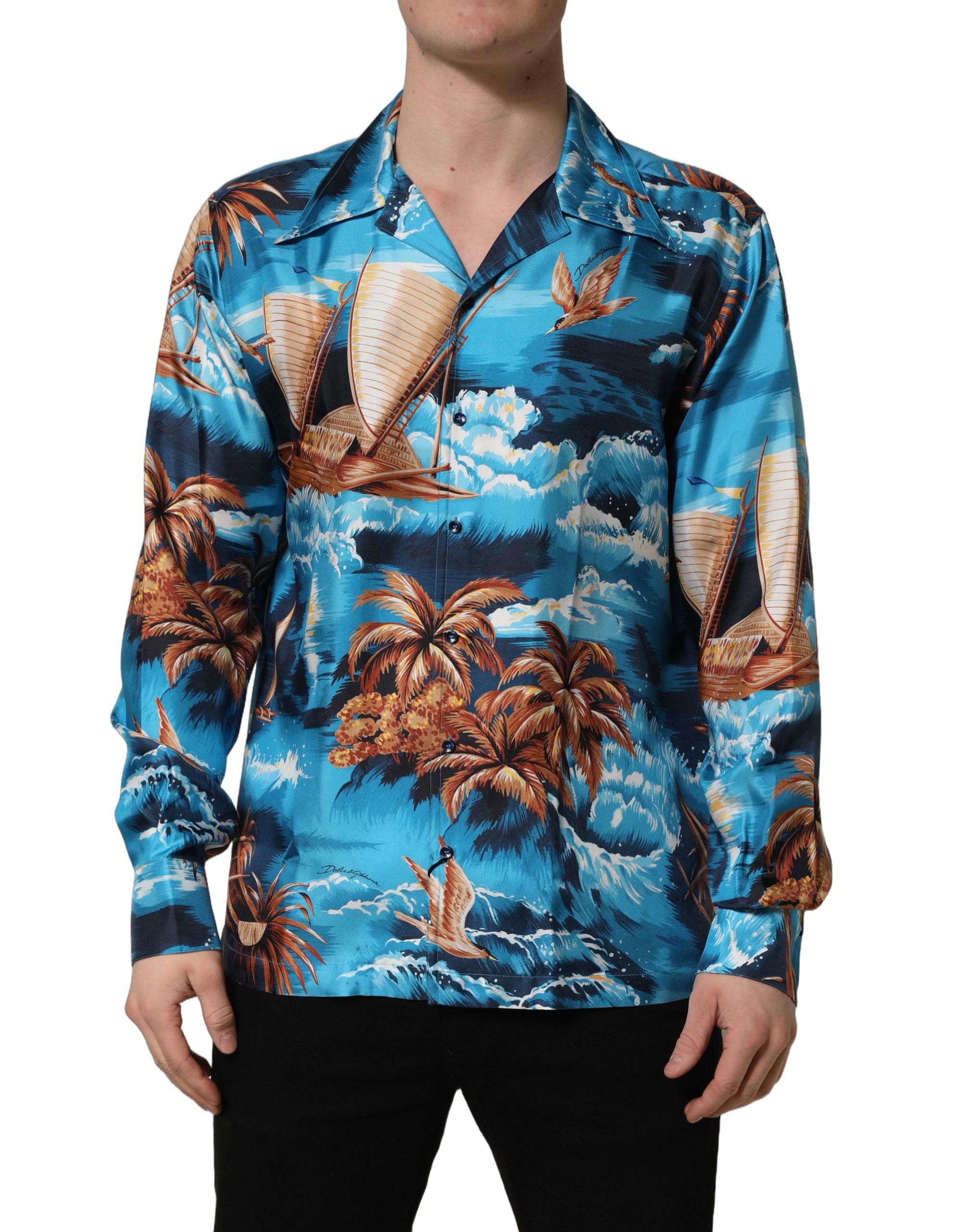 Dolce & Gabbana Blue Silk Twill Hawaiian GraphicPrint Men's Shirt