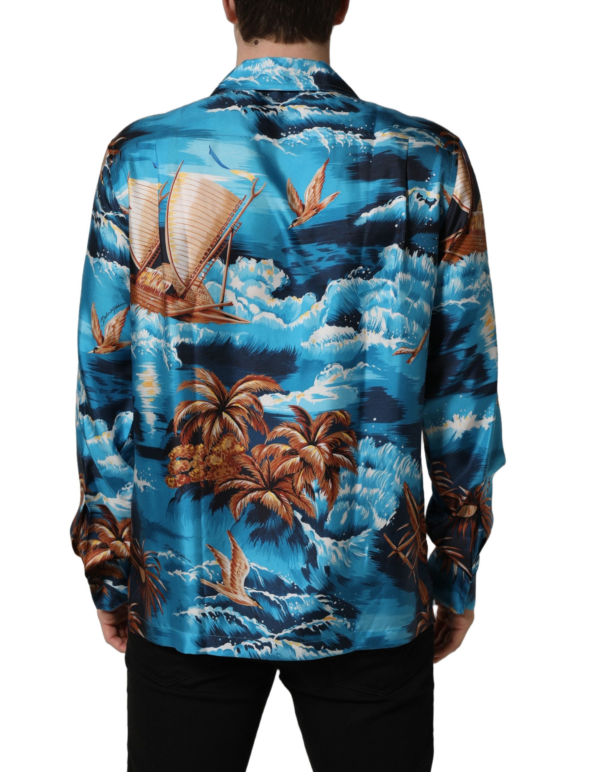 Dolce & Gabbana Blue Silk Twill Hawaiian GraphicPrint Men's Shirt