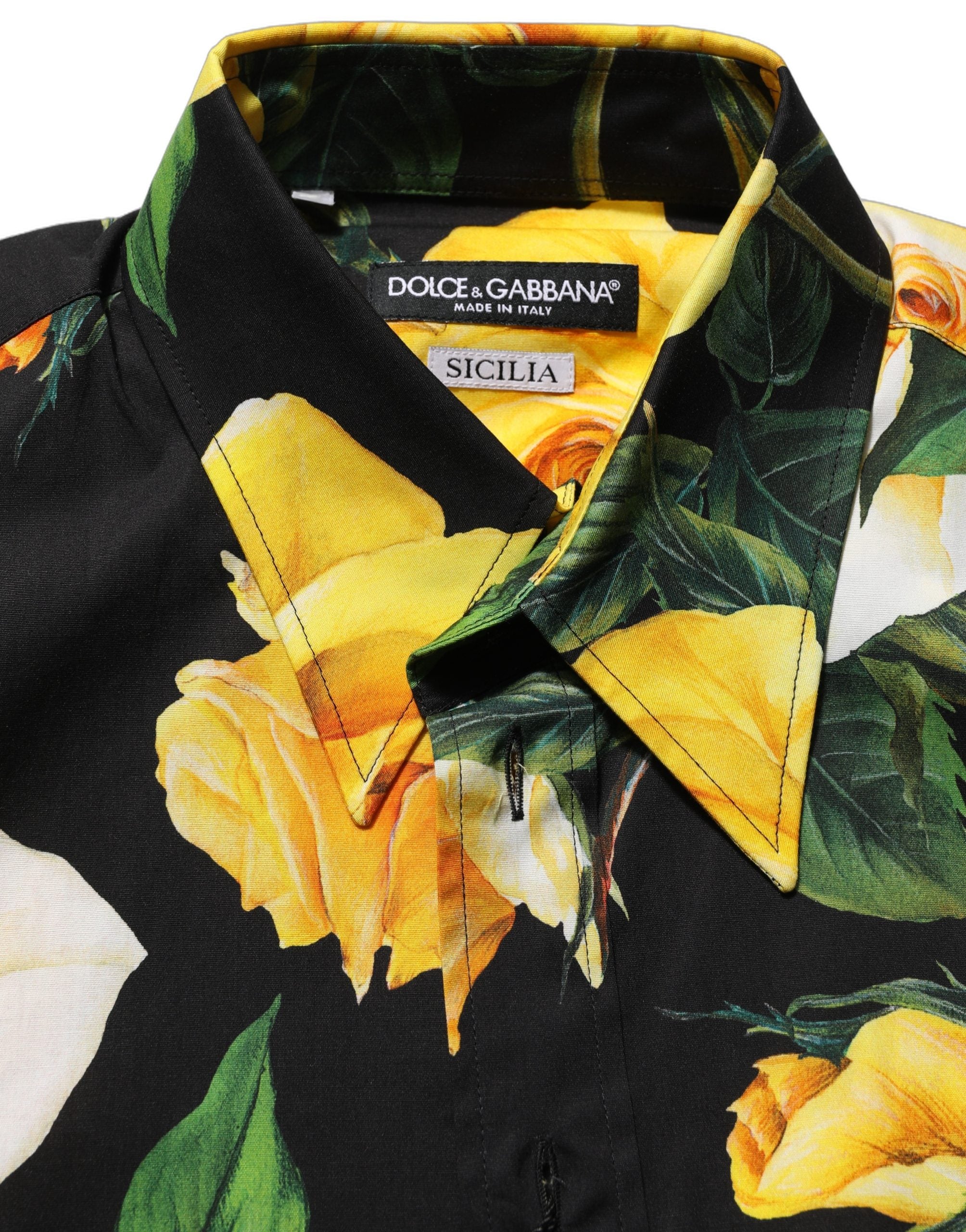 Dolce & Gabbana Black Floral Stretch Cotton SICILIA Fit Dress Men's Shirt
