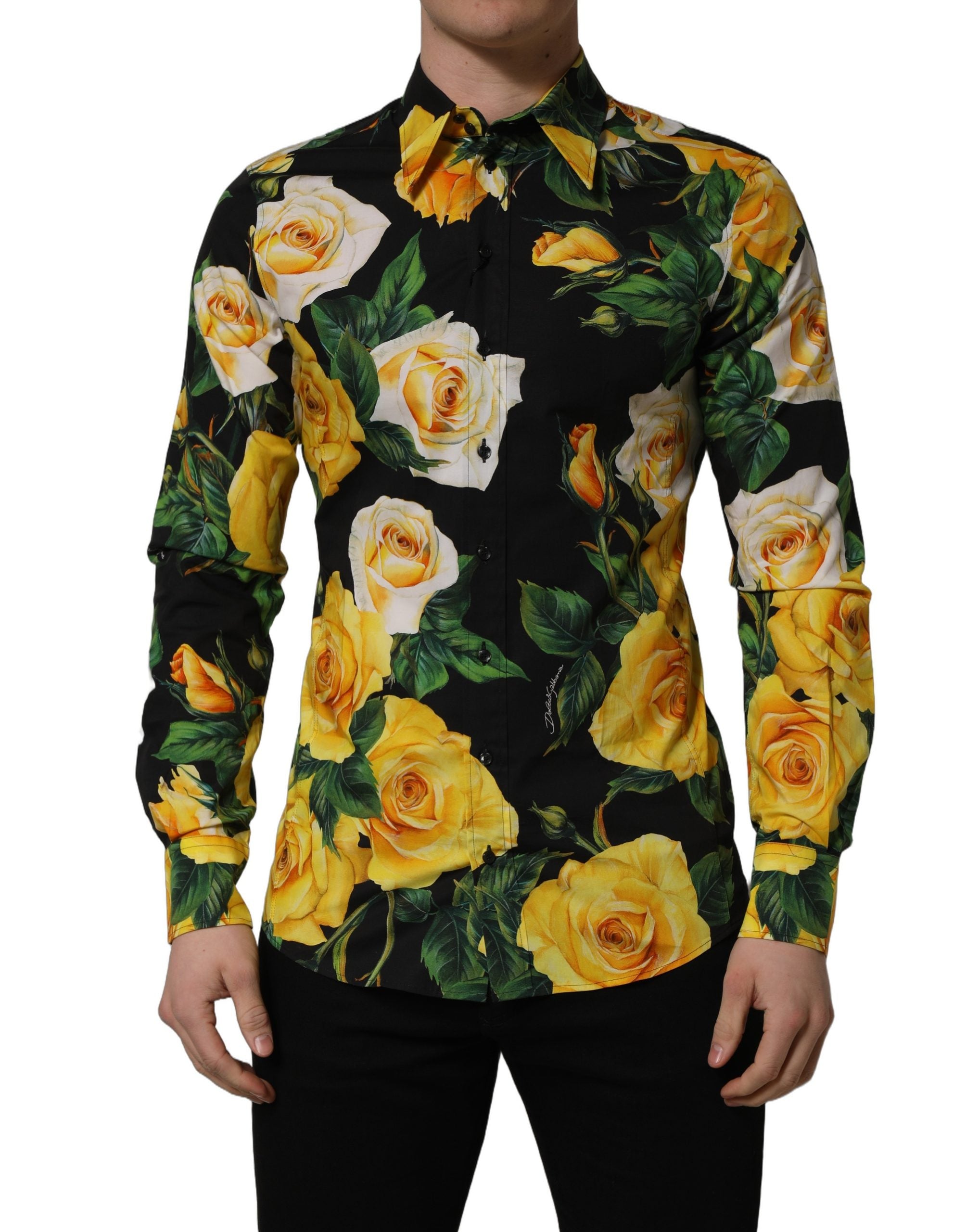 Dolce & Gabbana Black Floral Stretch Cotton SICILIA Fit Dress Men's Shirt
