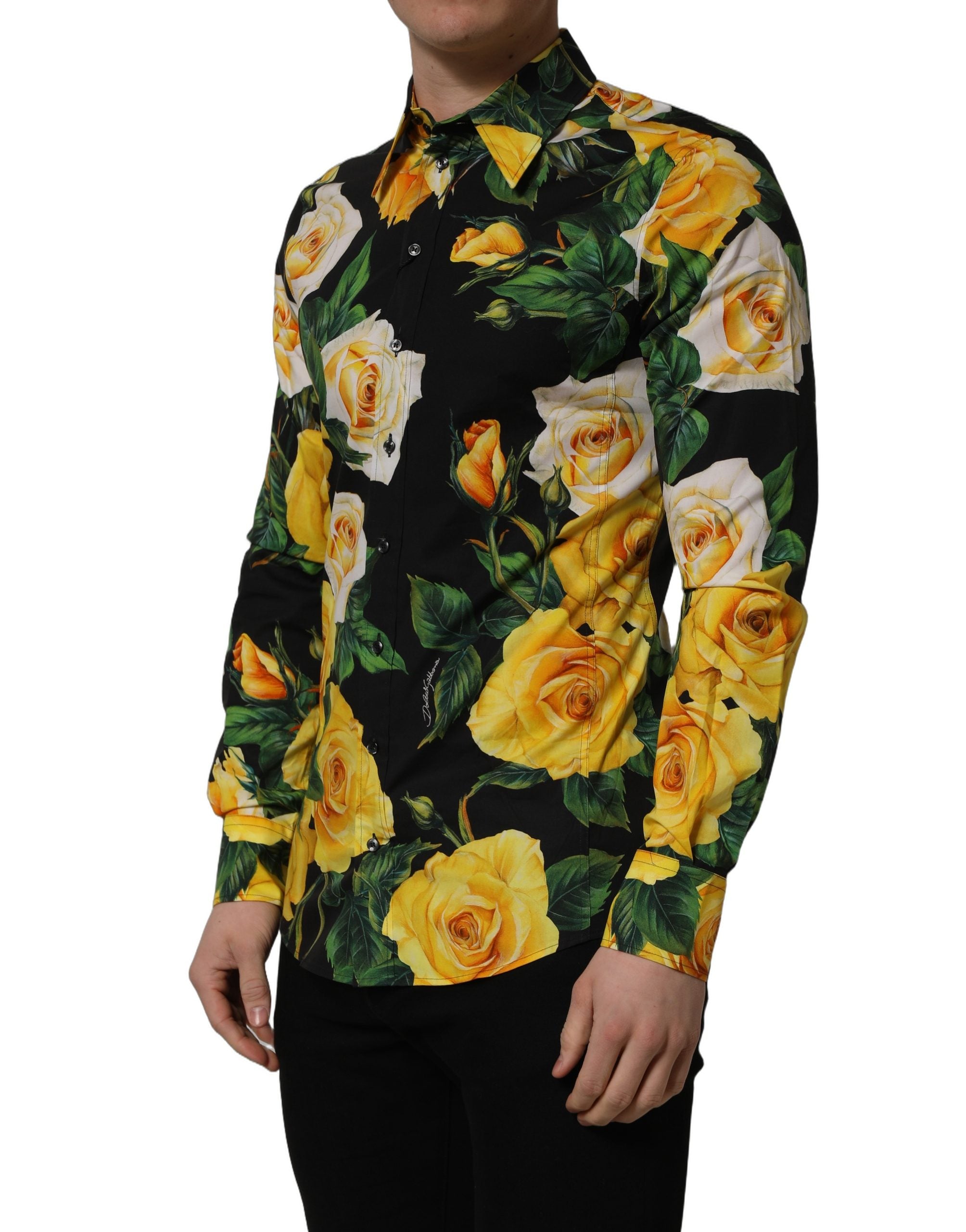 Dolce & Gabbana Black Floral Stretch Cotton SICILIA Fit Dress Men's Shirt