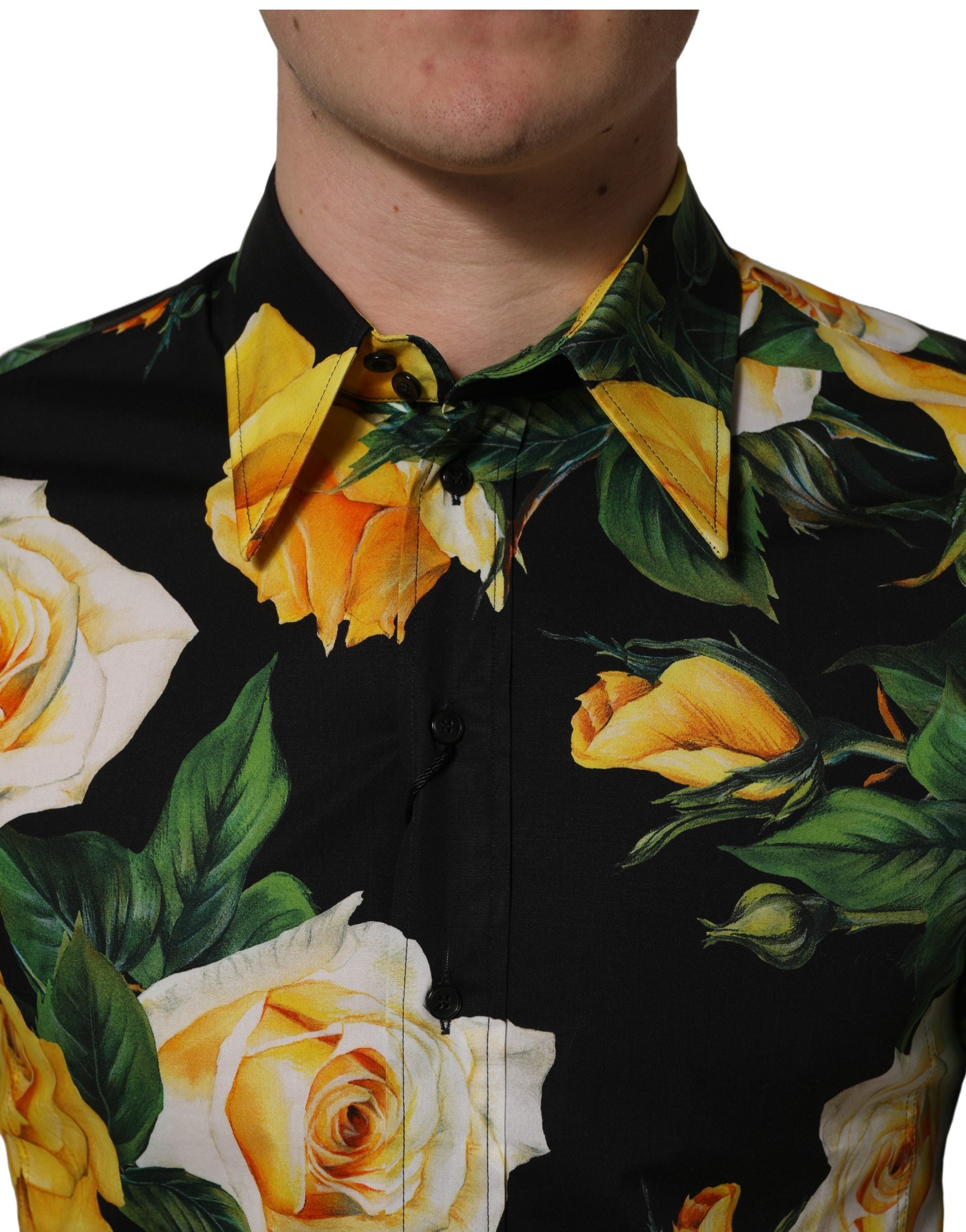 Dolce & Gabbana Black Floral Stretch Cotton SICILIA Fit Dress Men's Shirt