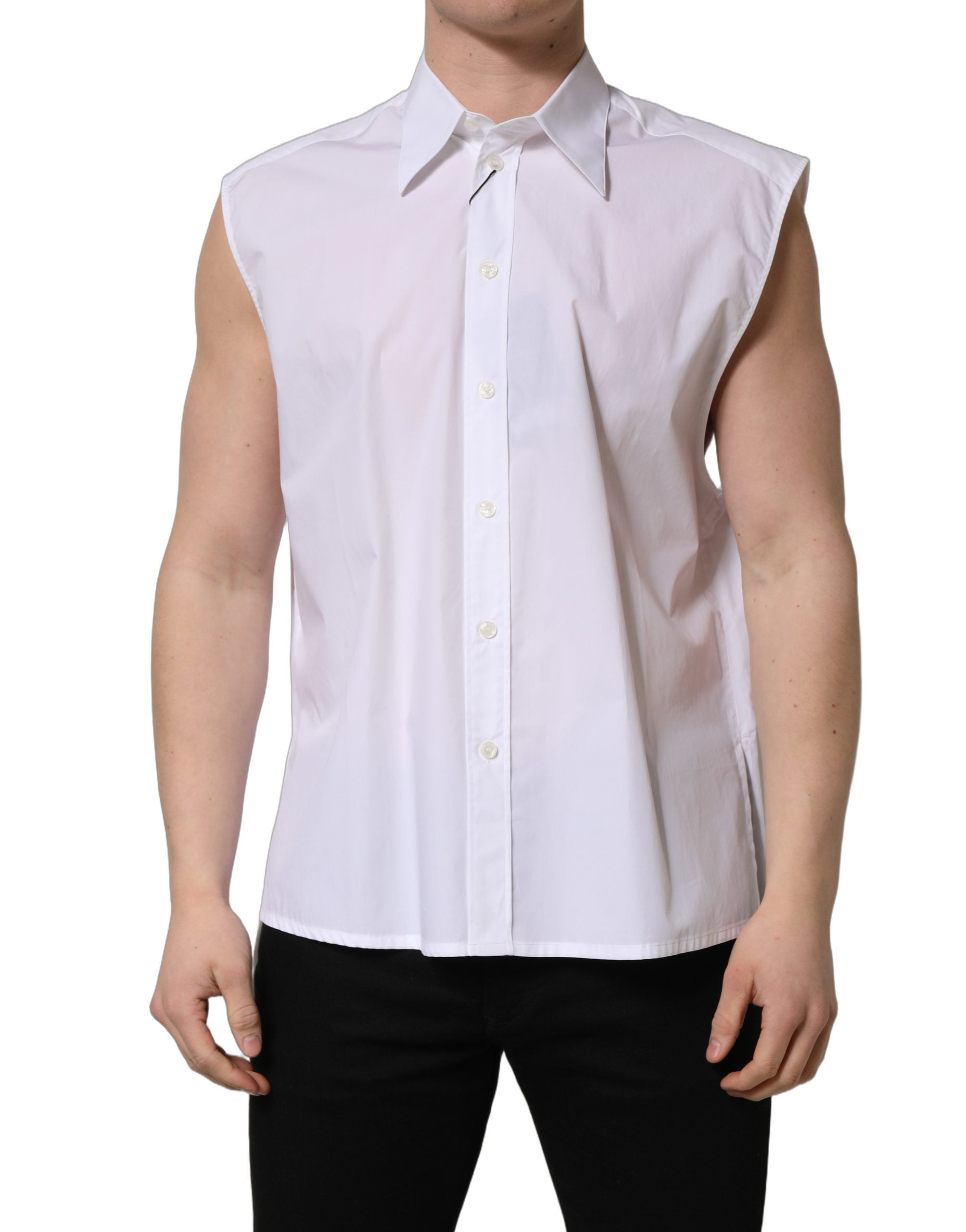 Dolce & Gabbana White Cotton Sleeveless Formal Dress Men's Shirt