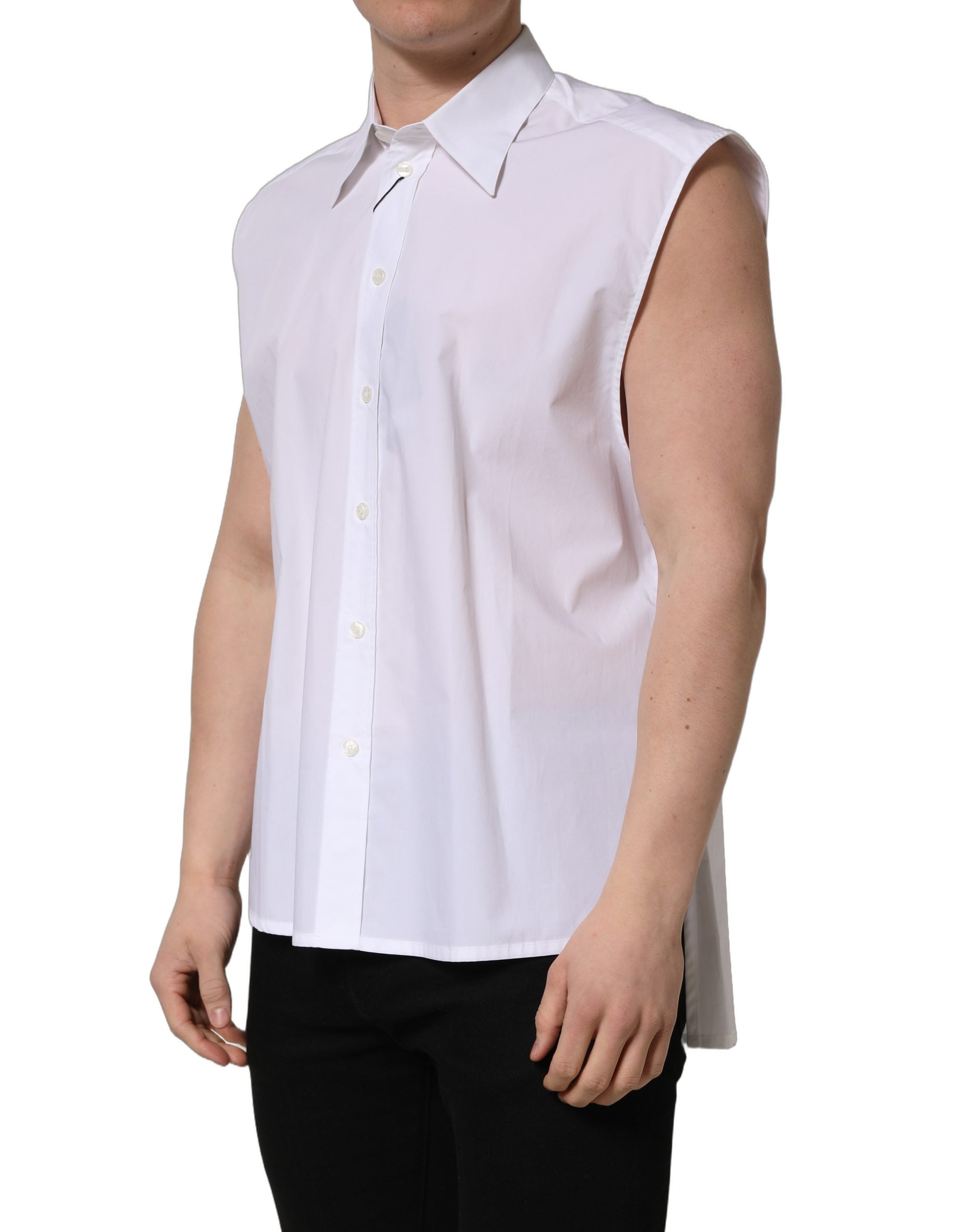 Dolce & Gabbana White Cotton Sleeveless Formal Dress Men's Shirt