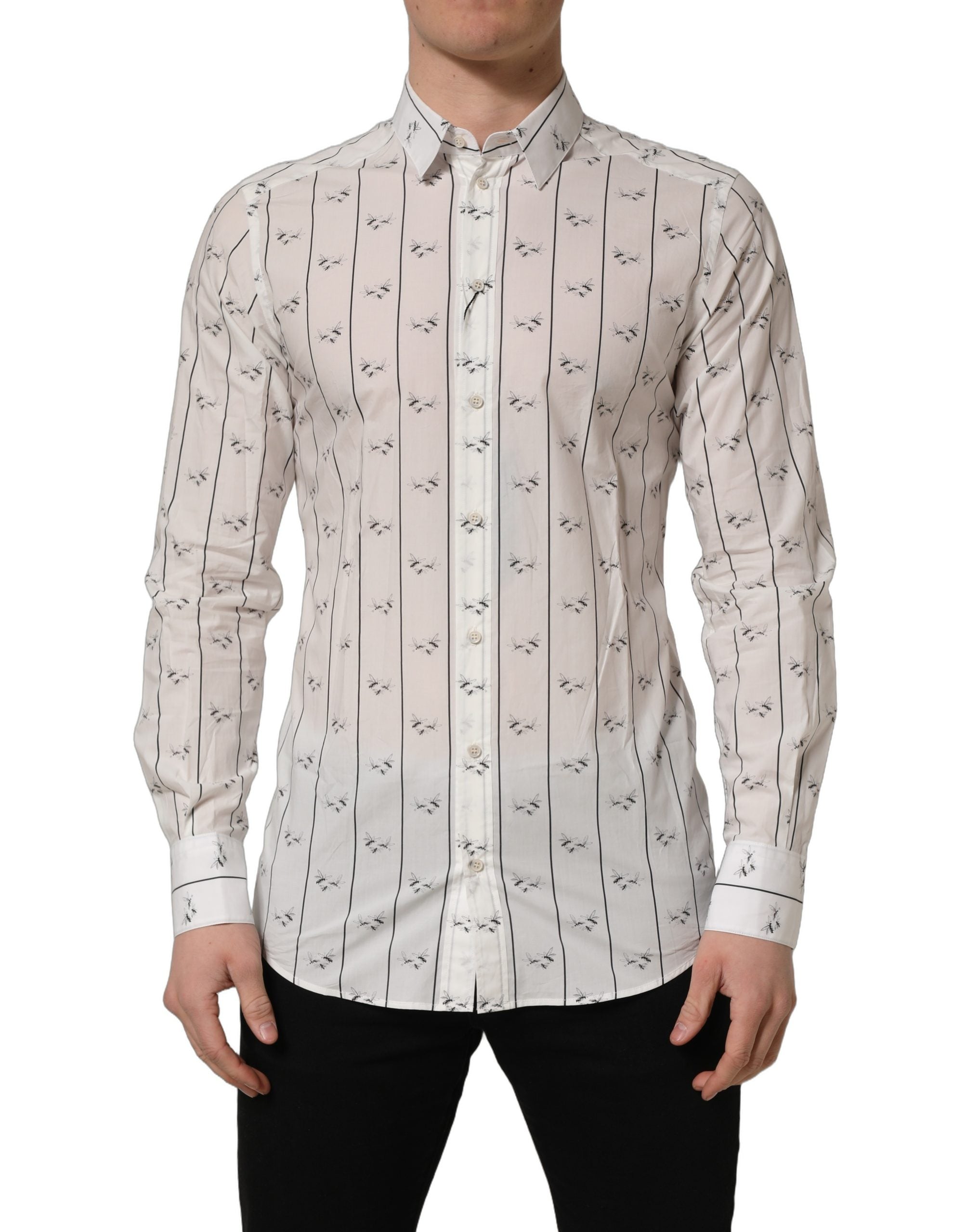 Dolce & Gabbana White Bee Print Cotton GOLD Fit Dress Men's Shirt