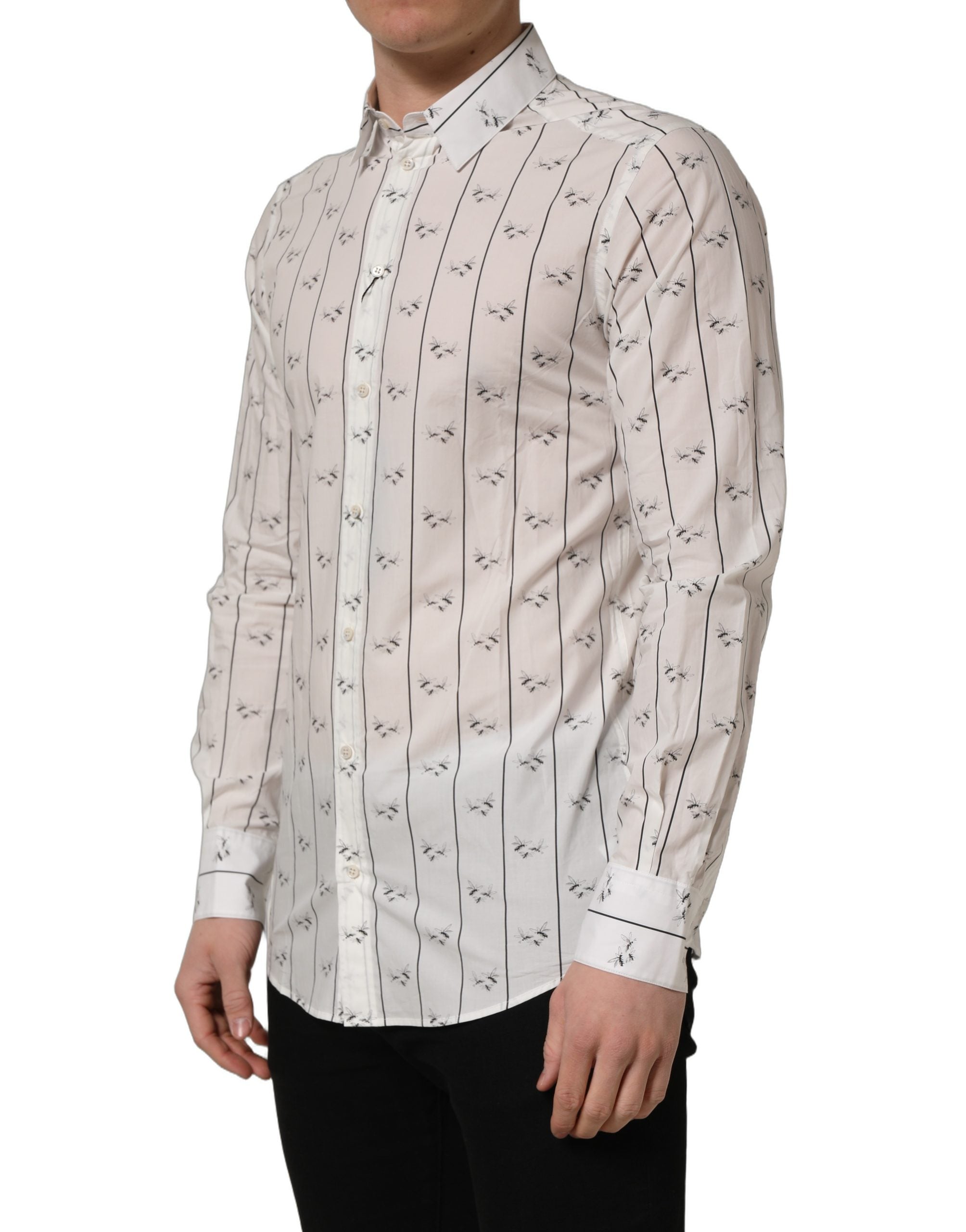 Dolce & Gabbana White Bee Print Cotton GOLD Fit Dress Men's Shirt