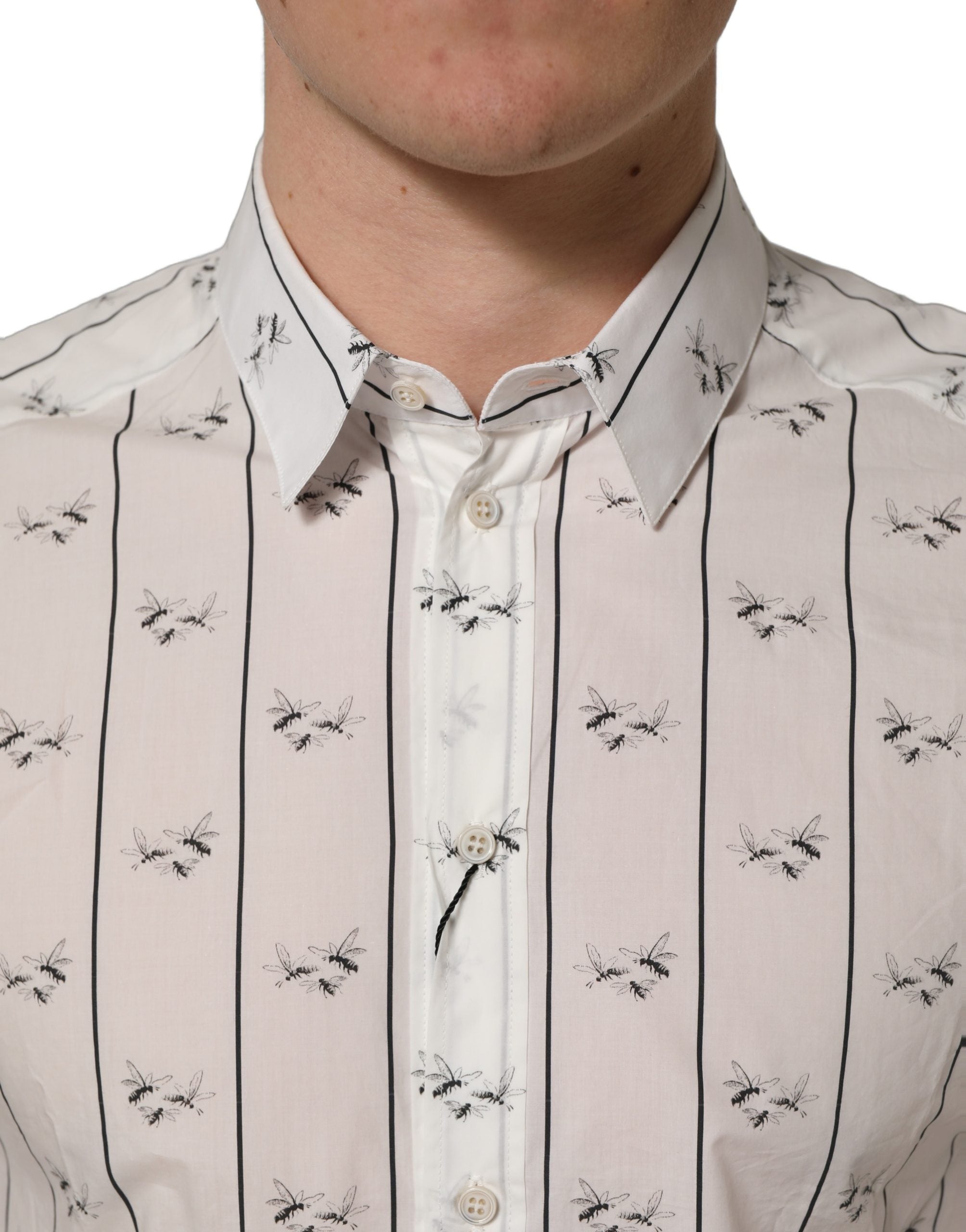 Dolce & Gabbana White Bee Print Cotton GOLD Fit Dress Men's Shirt