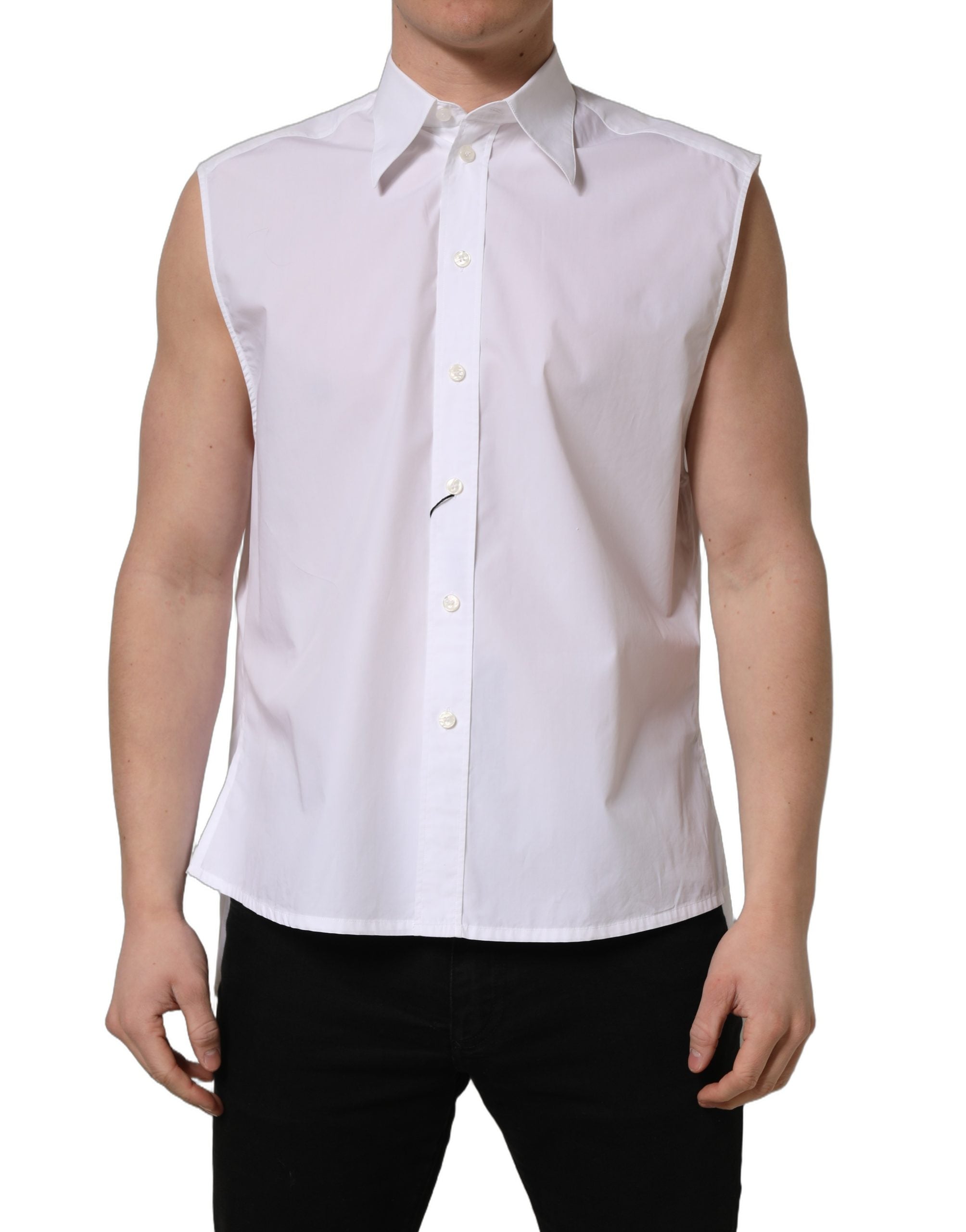 Dolce & Gabbana White Cotton Sleeveless Formal Dress Men's Shirt