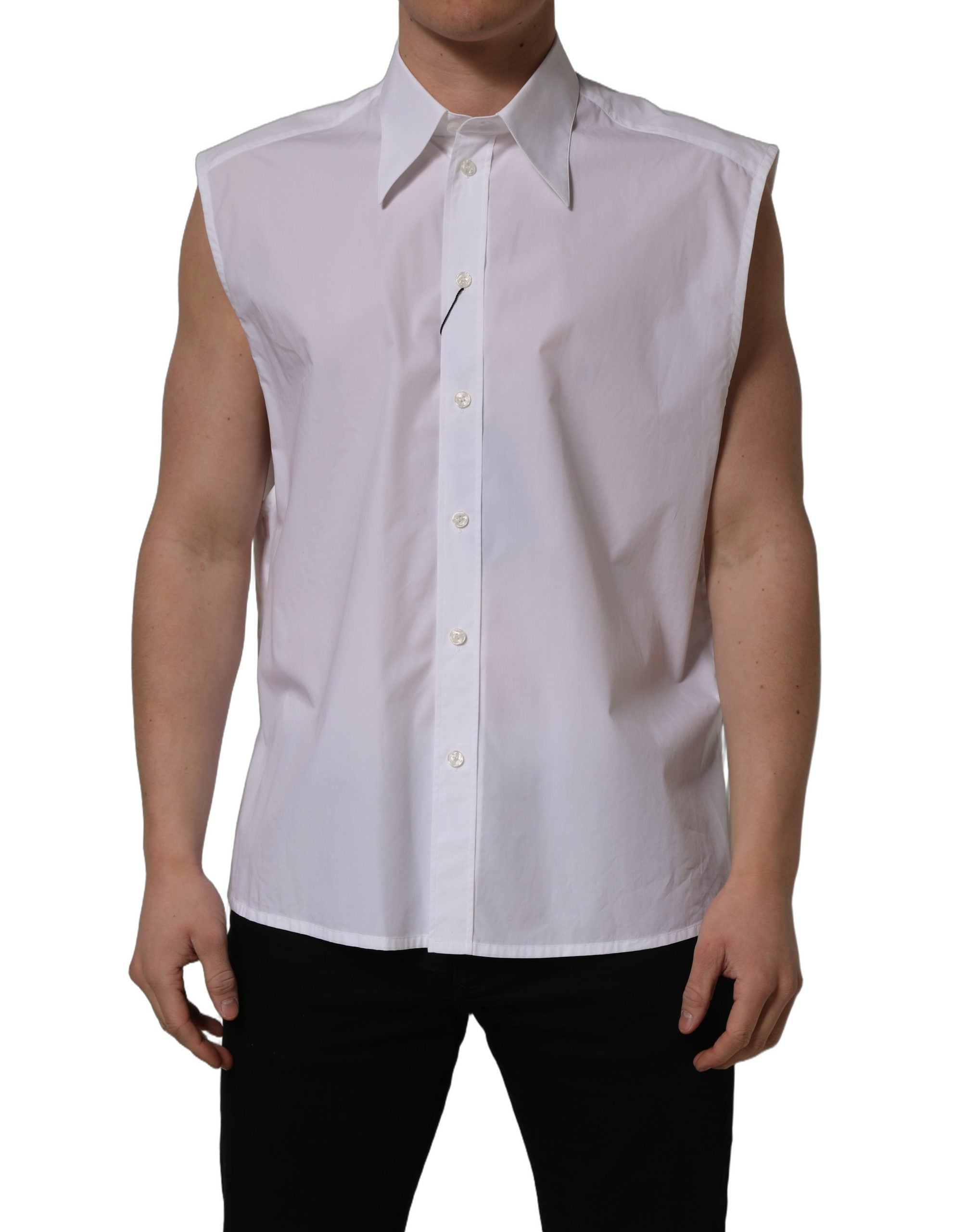 Dolce & Gabbana White Cotton Sleeveless Formal Dress Men's Shirt (Pre-Owned)