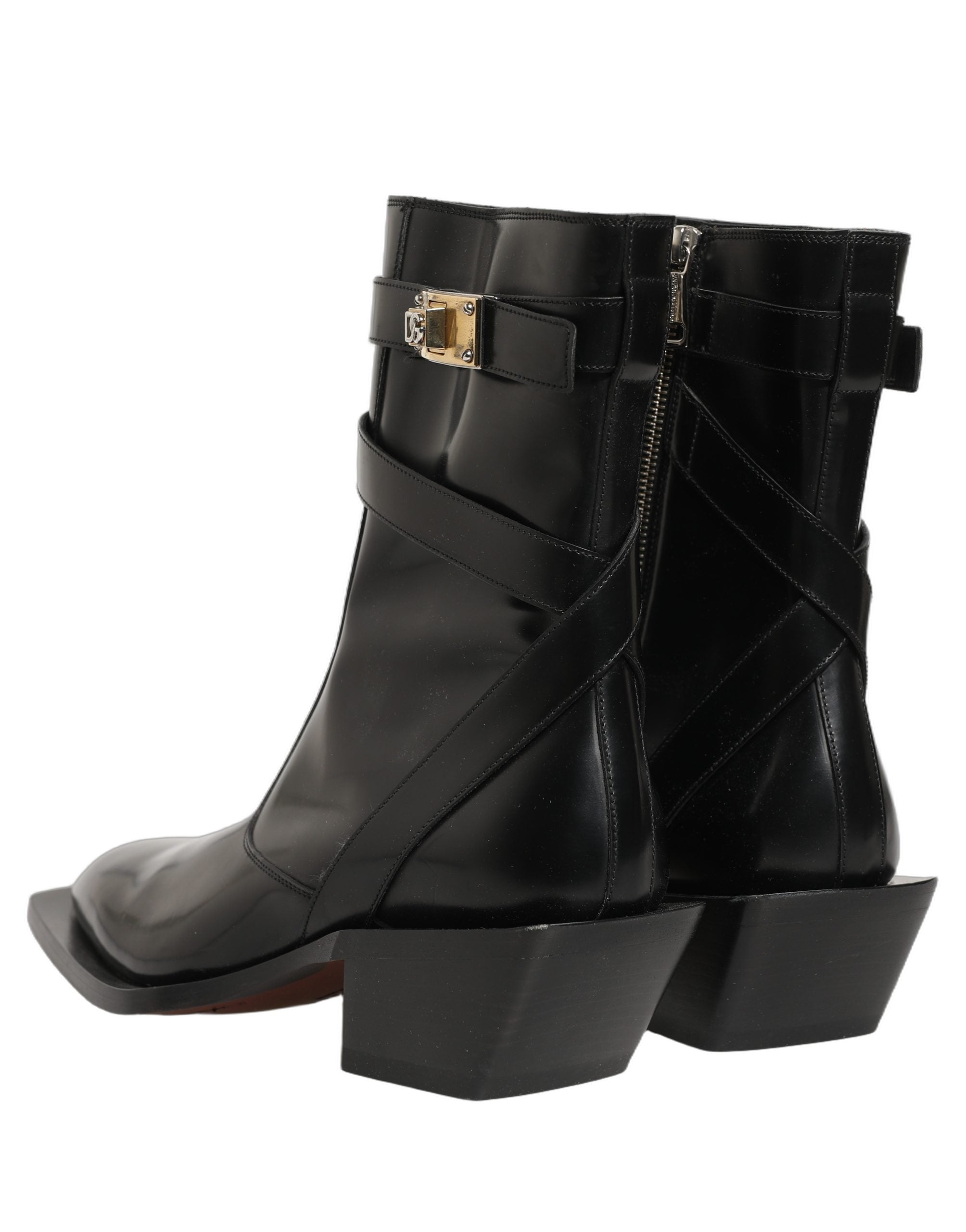 Dolce & Gabbana Black Leather DG Plaque Mid Calf Boots Men's Shoes