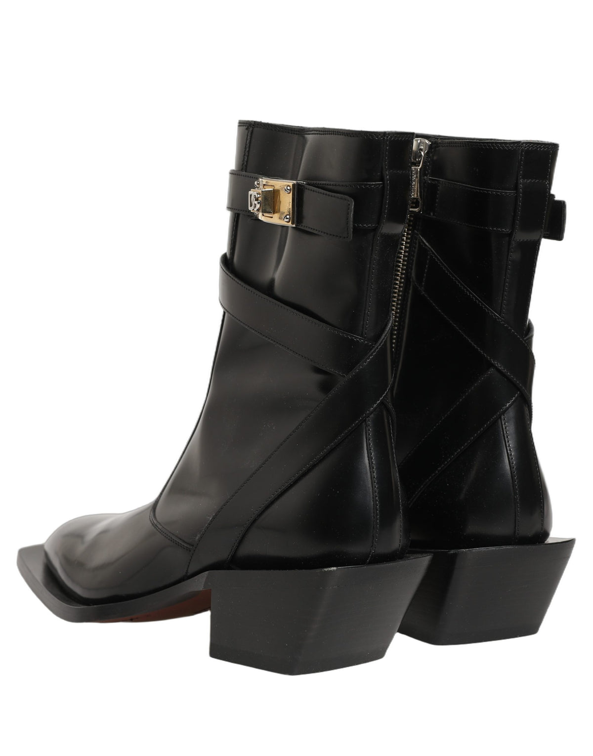 Dolce & Gabbana Black Leather DG Plaque Mid Calf Boots Men's Shoes