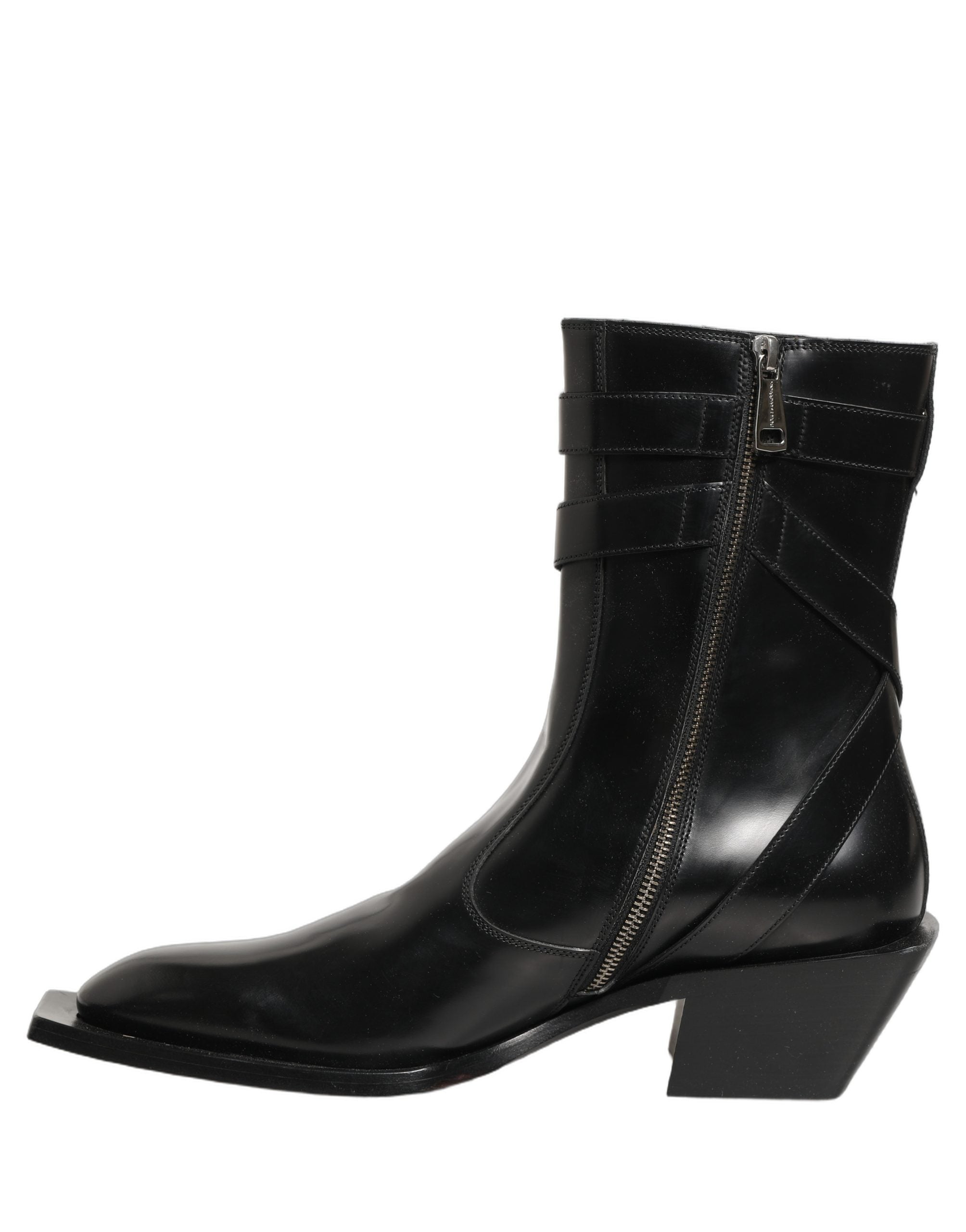 Dolce & Gabbana Black Leather DG Plaque Mid Calf Boots Men's Shoes