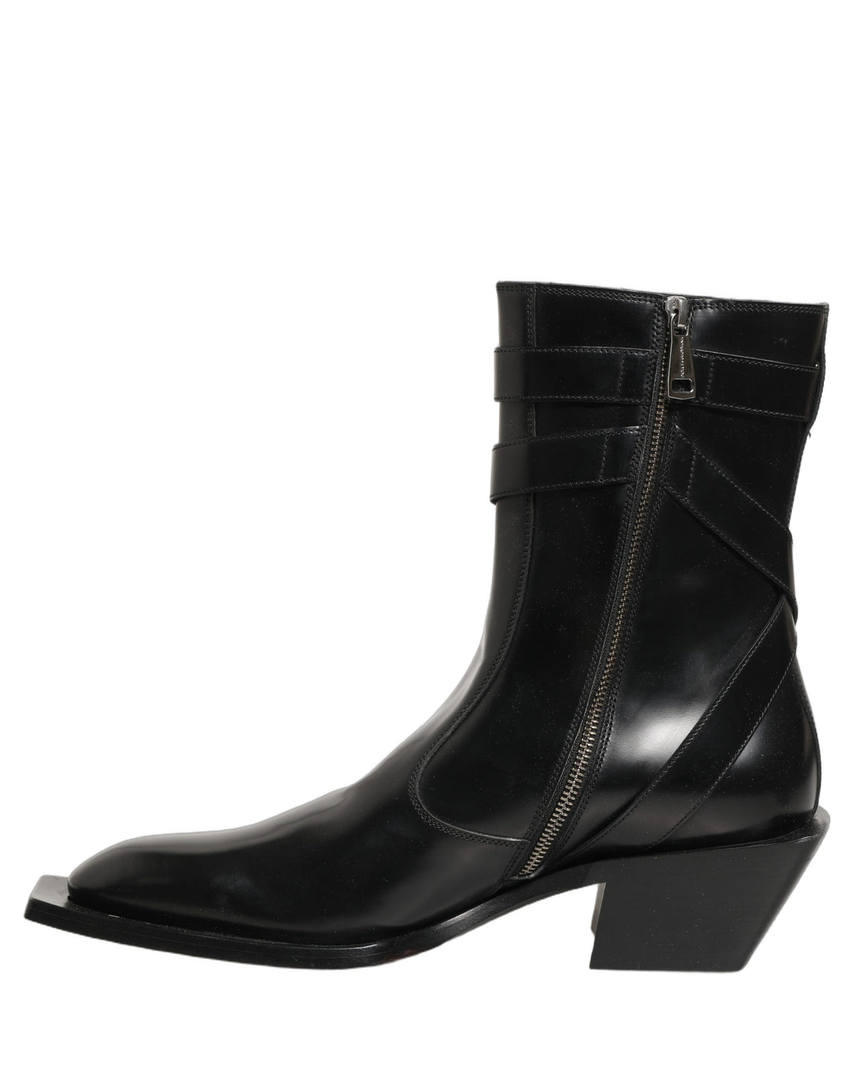 Dolce & Gabbana Black Leather DG Plaque Mid Calf Boots Men's Shoes