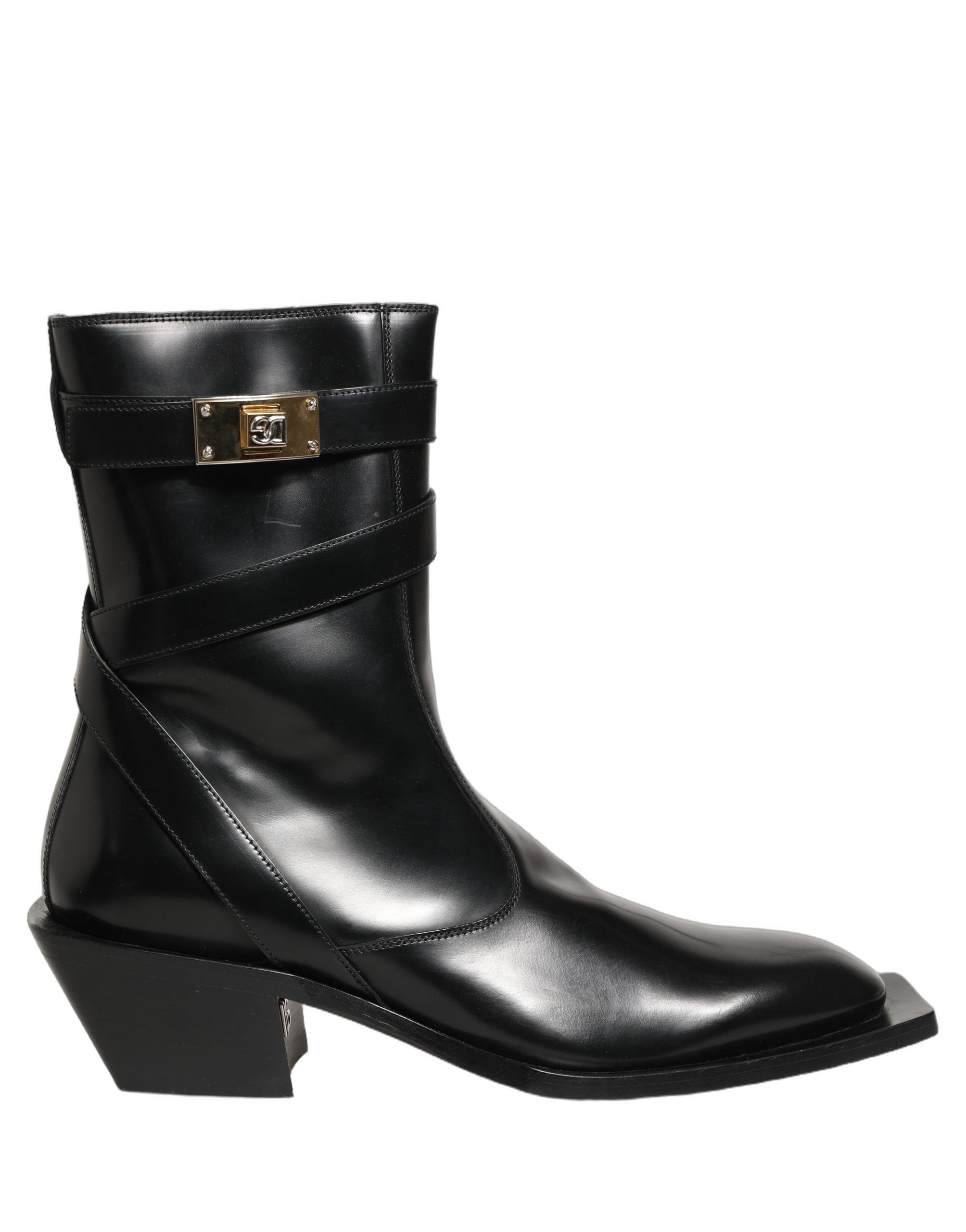 Dolce & Gabbana Black Leather DG Plaque Mid Calf Boots Men's Shoes