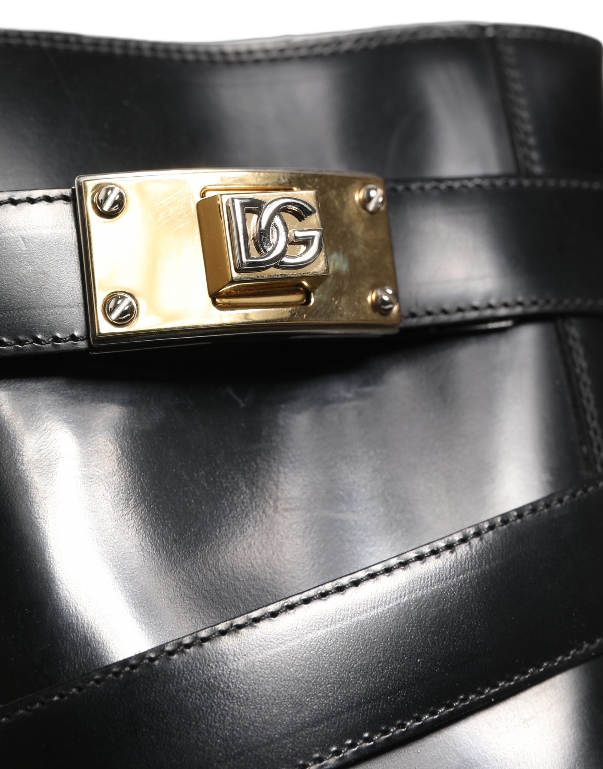 Dolce & Gabbana Black Leather DG Plaque Mid Calf Boots Men's Shoes