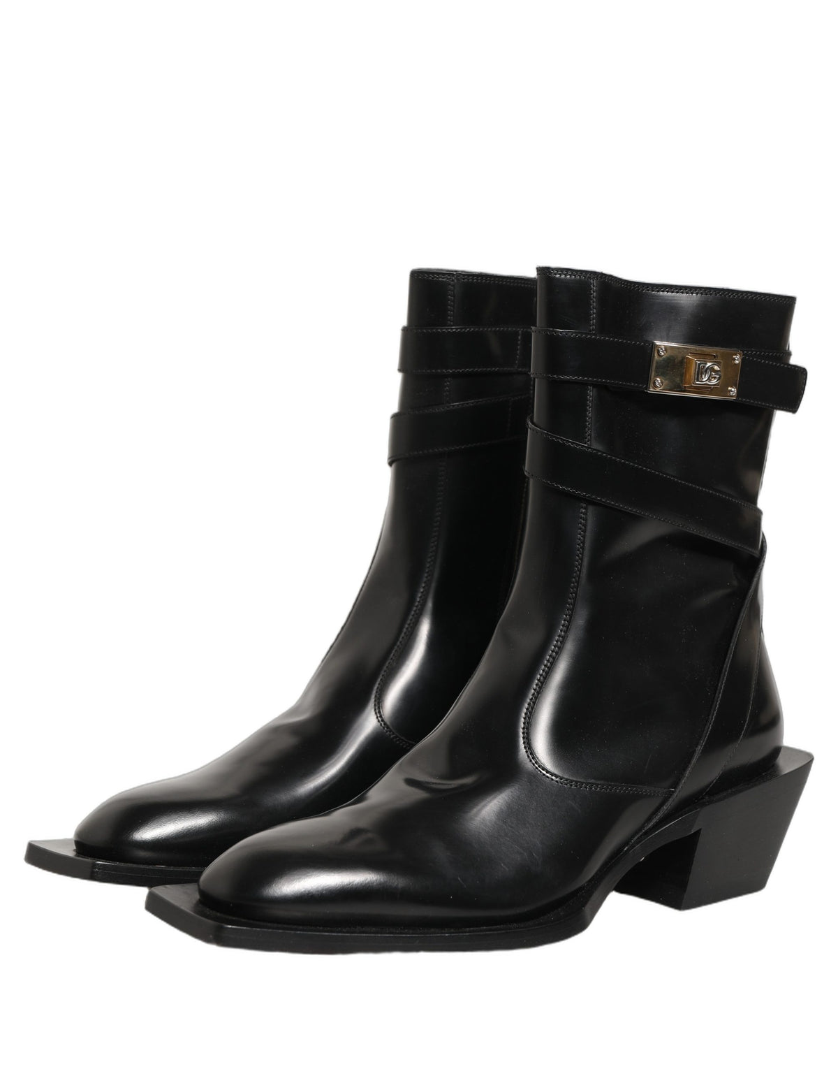 Dolce & Gabbana Black Leather DG Plaque Mid Calf Boots Men's Shoes