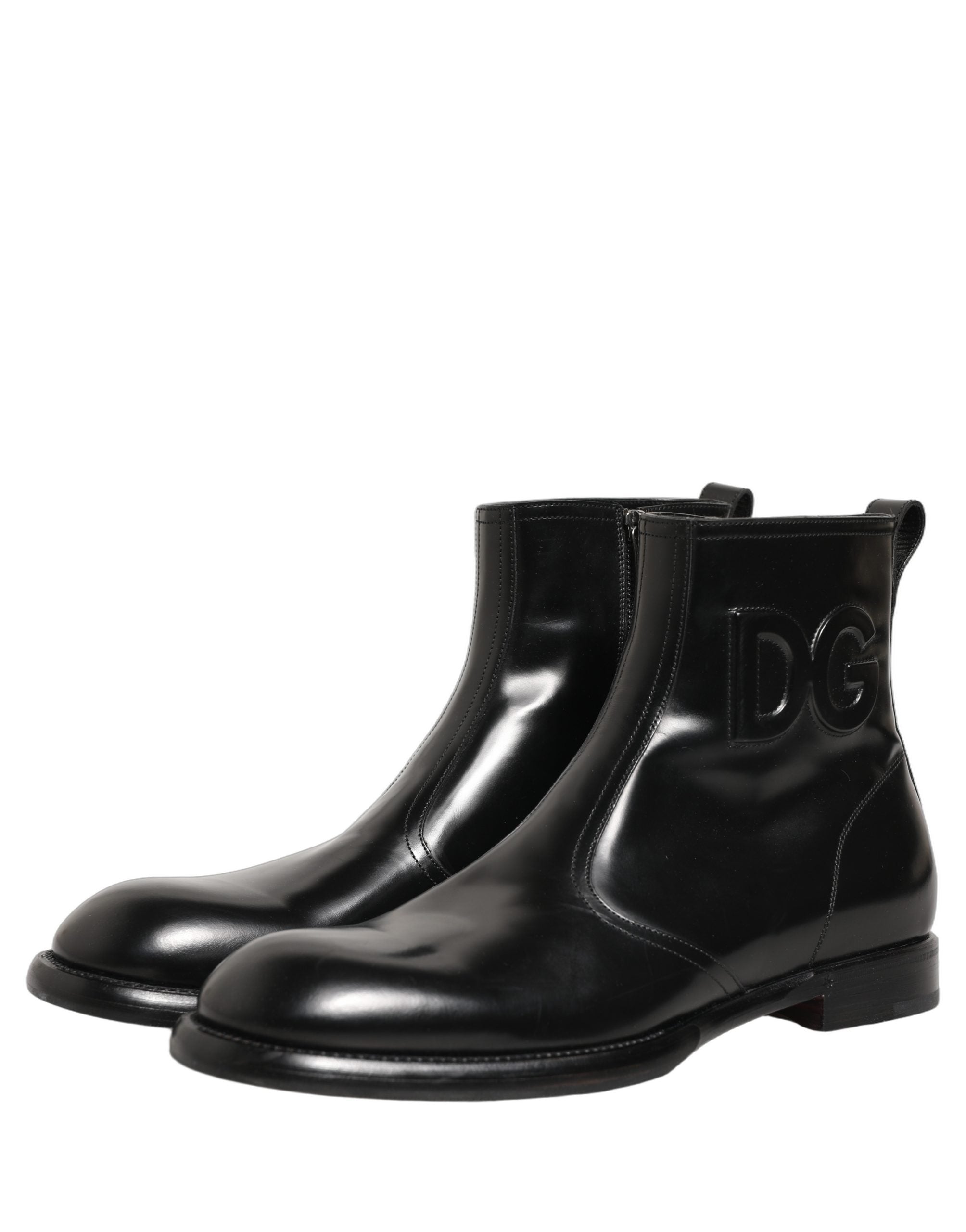 Dolce & Gabbana Black Leather Embossed Logo Ankle Boots Men's Shoes