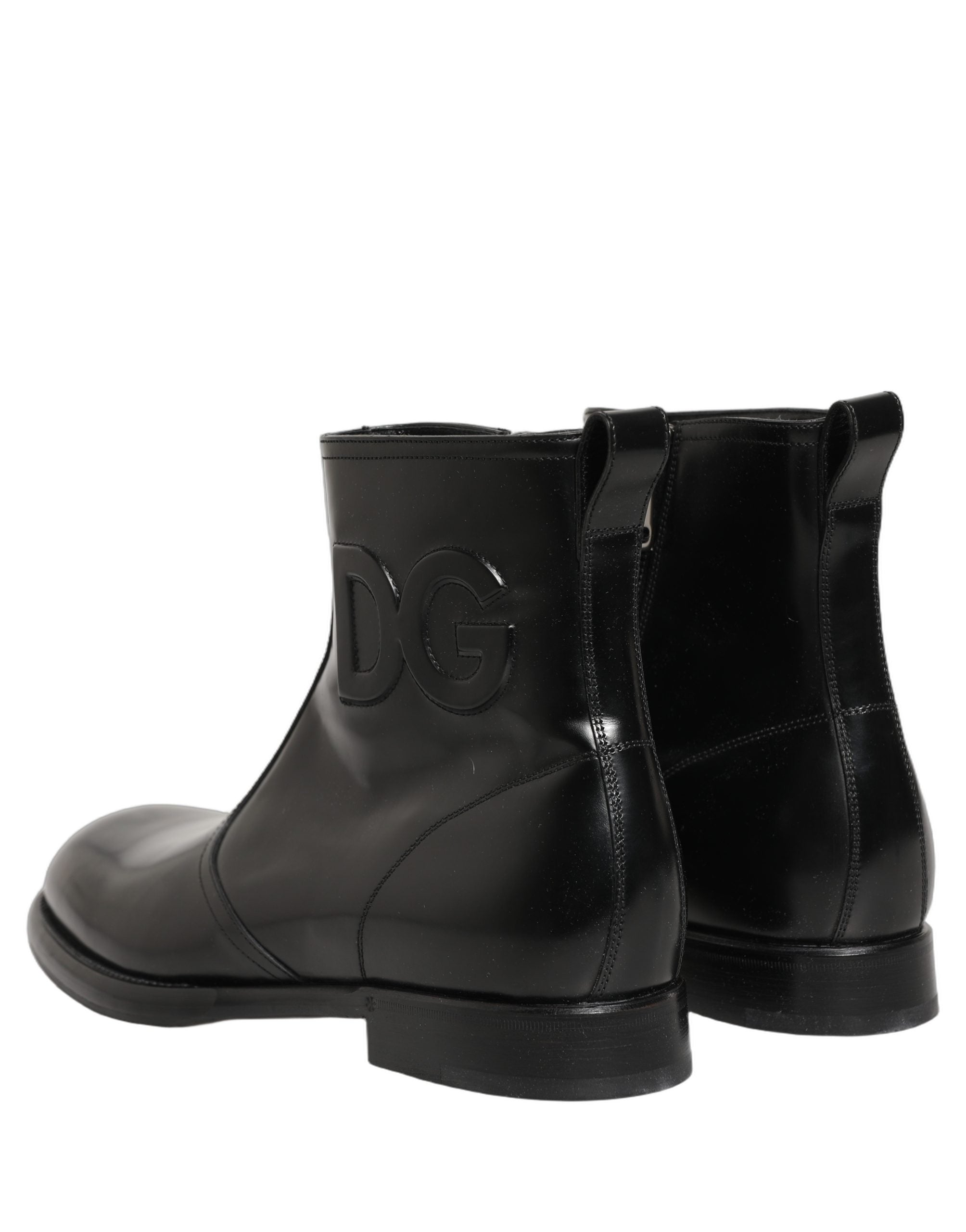 Dolce & Gabbana Black Leather Embossed Logo Ankle Boots Men's Shoes