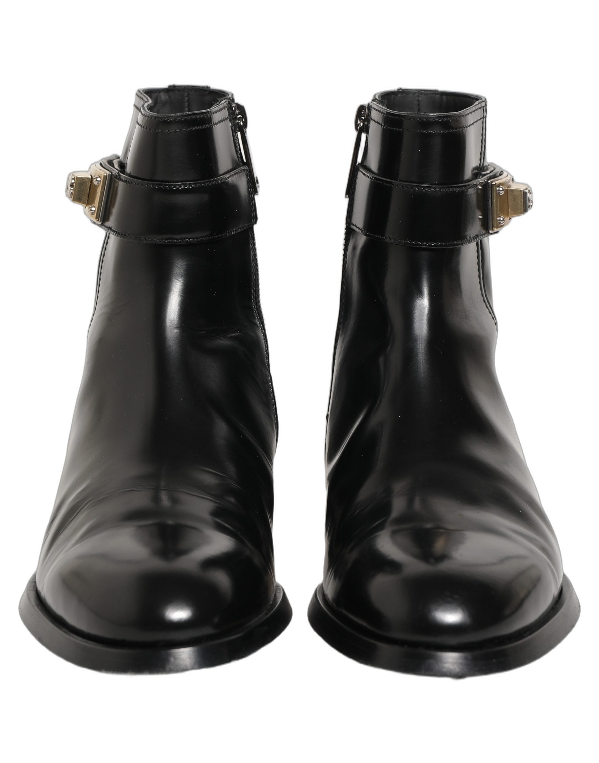 Dolce & Gabbana Black Leather Logo Buckle Mid Calf Boots Men's Shoes