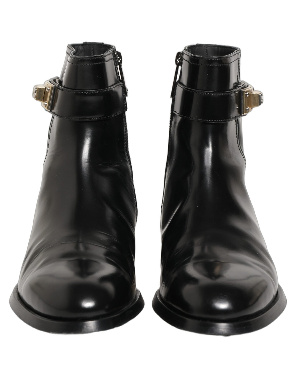 Dolce & Gabbana Black Leather Logo Buckle Mid Calf Boots Men's Shoes