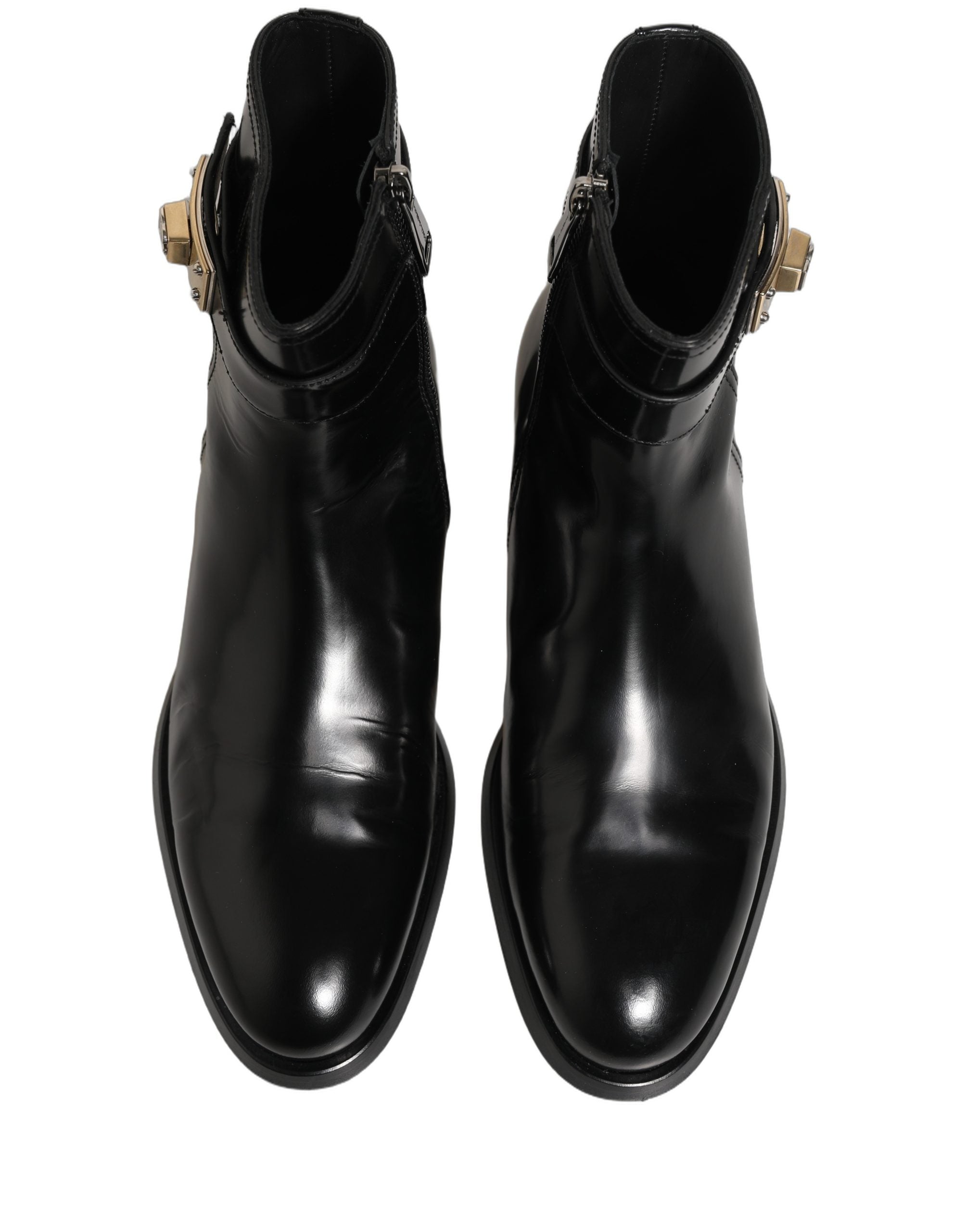 Dolce & Gabbana Black Leather Logo Buckle Mid Calf Boots Men's Shoes