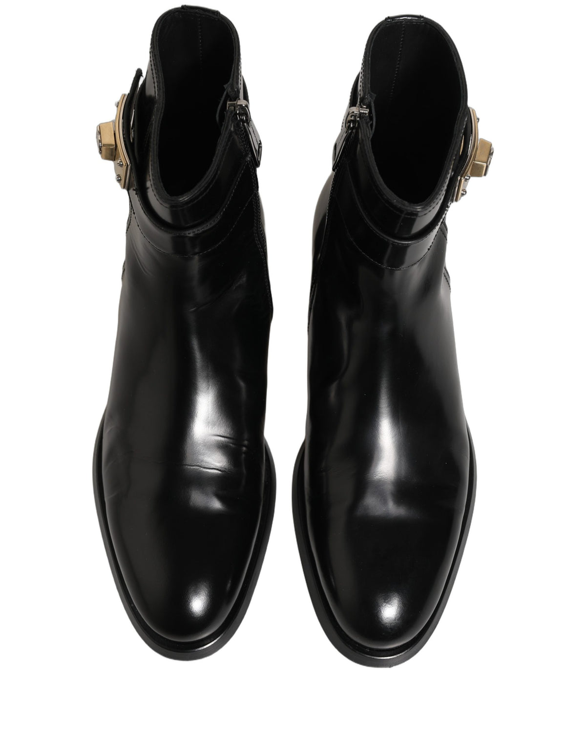 Dolce & Gabbana Black Leather Logo Buckle Mid Calf Boots Men's Shoes