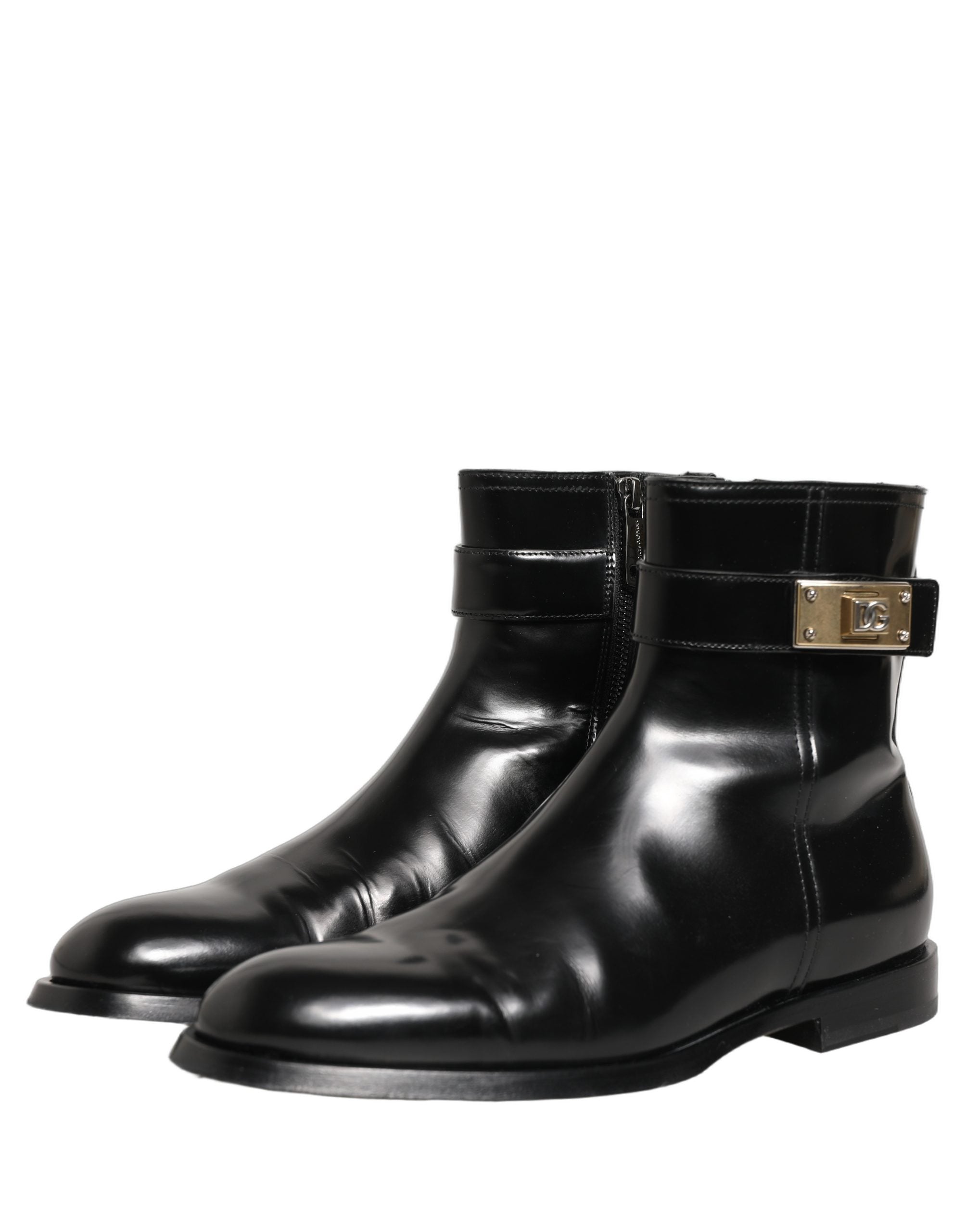 Dolce & Gabbana Black Leather Logo Buckle Mid Calf Boots Men's Shoes