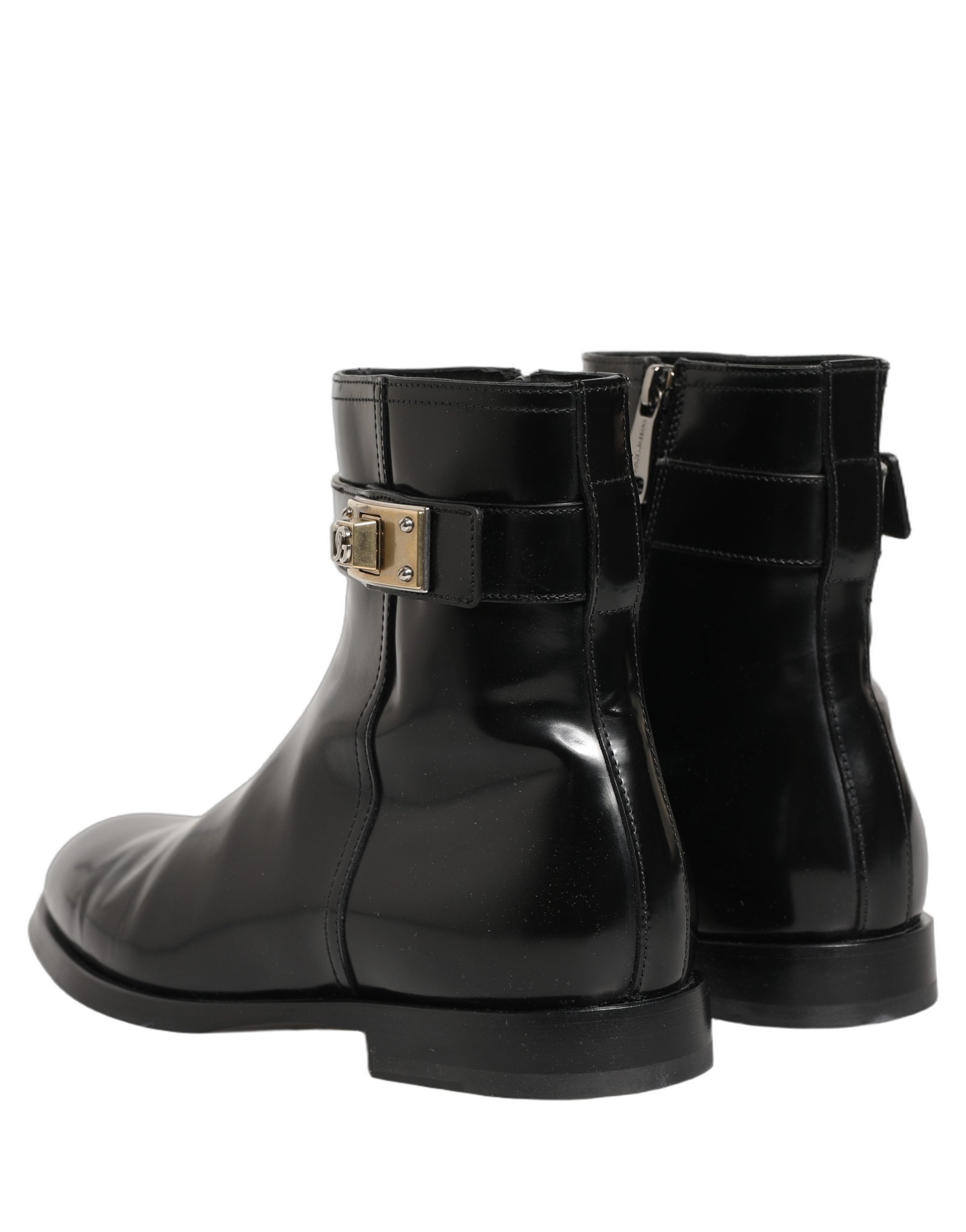 Dolce & Gabbana Black Leather Logo Buckle Mid Calf Boots Men's Shoes