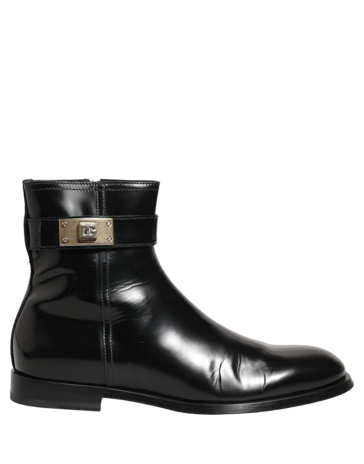 Dolce & Gabbana Black Leather Logo Buckle Mid Calf Boots Men's Shoes