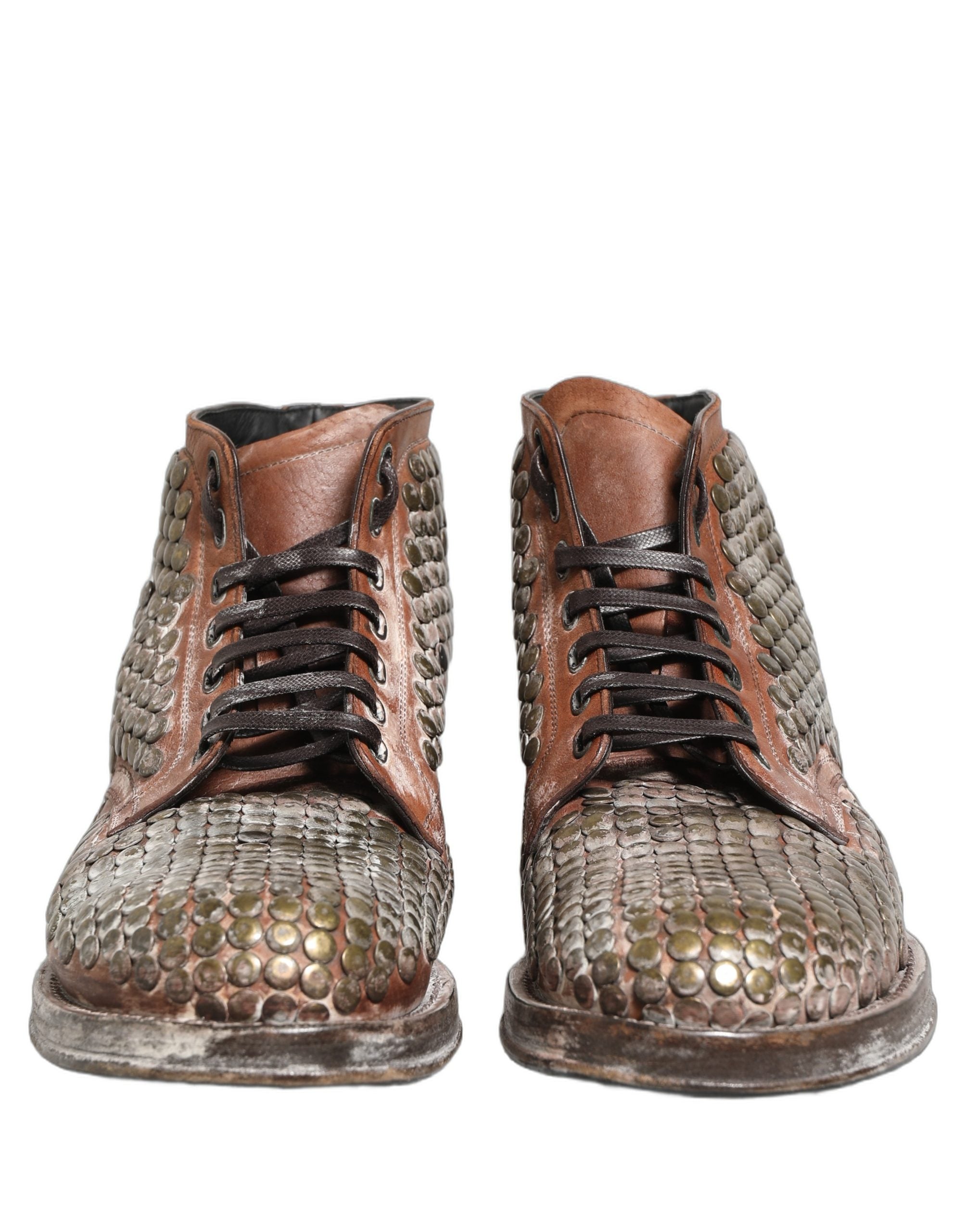 Dolce & Gabbana Brown Leather Runway Studs Ankle Boots Men's Shoes