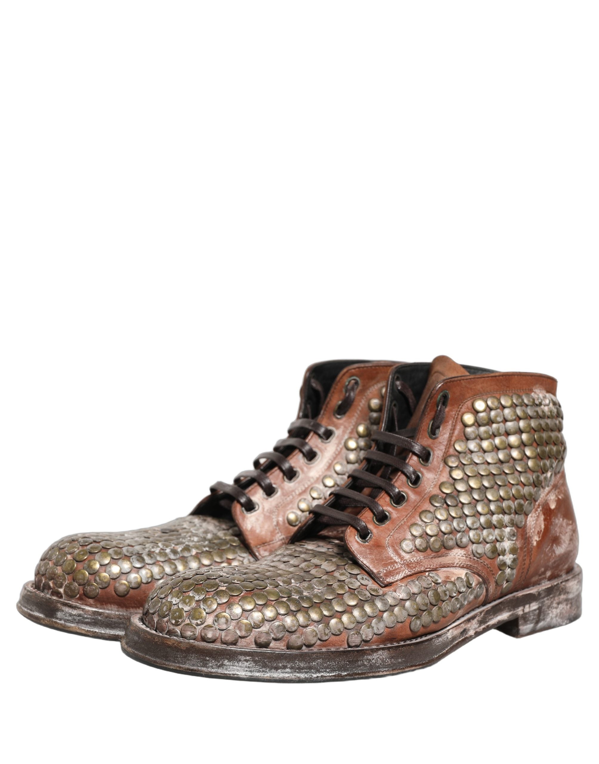 Dolce & Gabbana Brown Leather Runway Studs Ankle Boots Men's Shoes