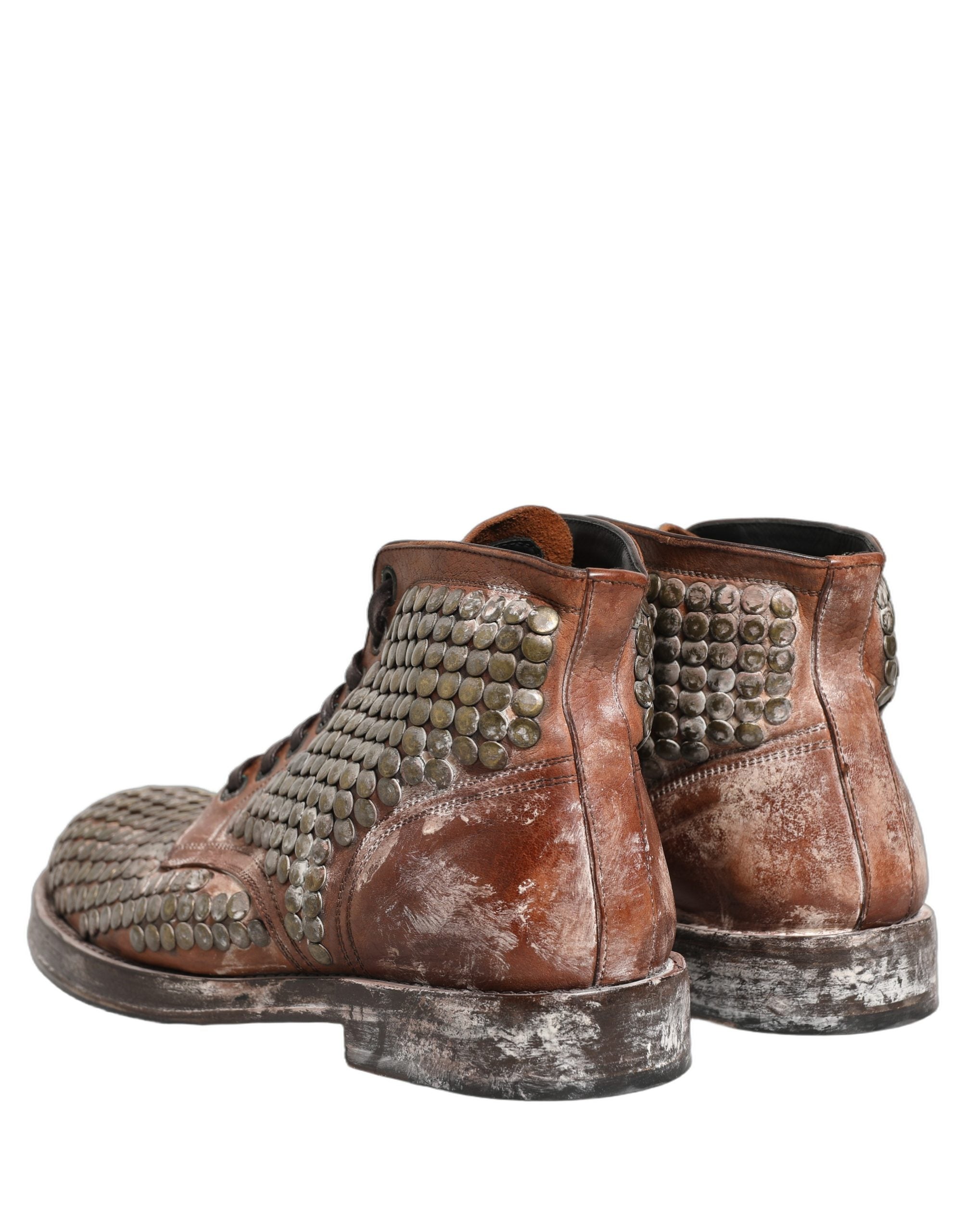 Dolce & Gabbana Brown Leather Runway Studs Ankle Boots Men's Shoes