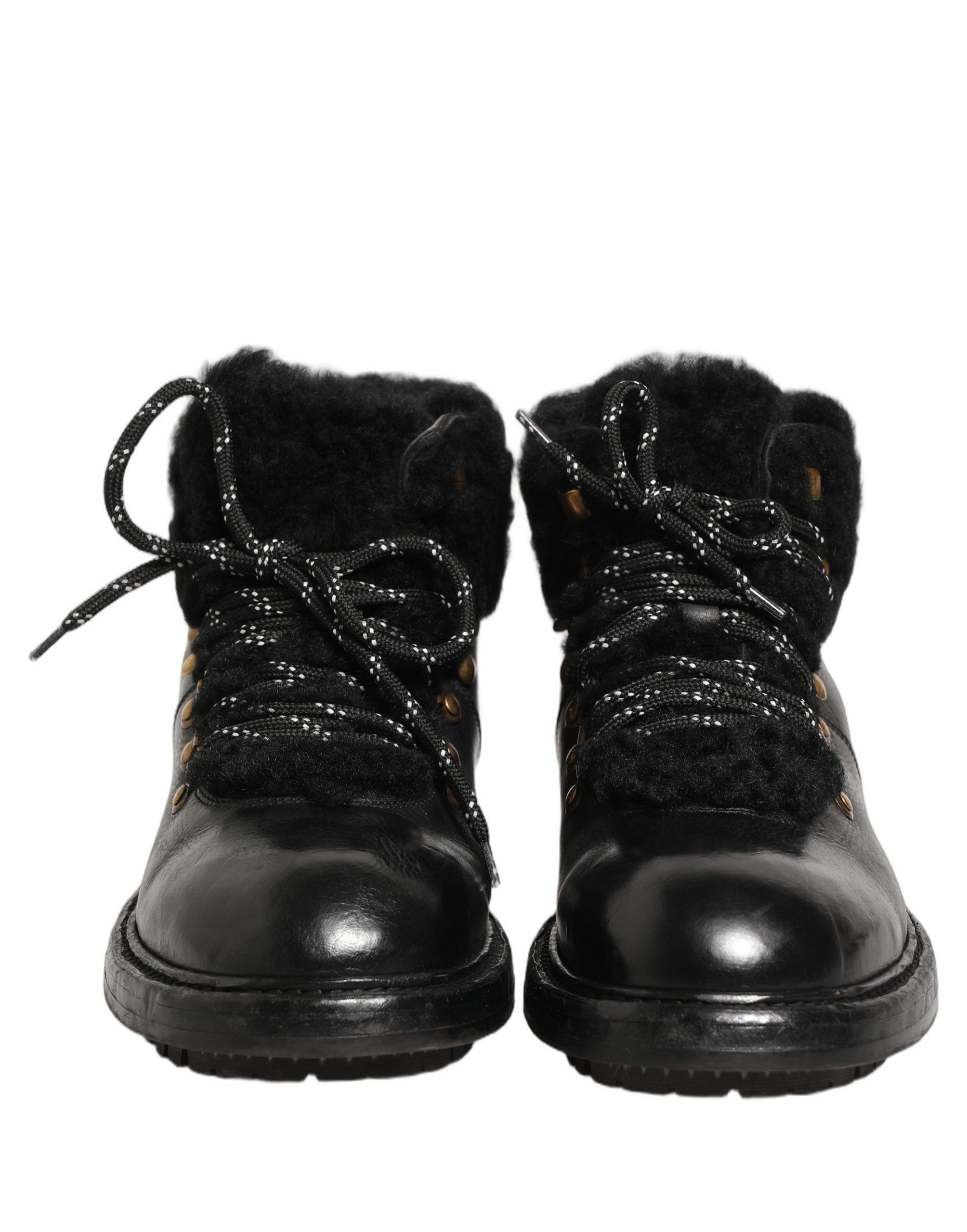 Dolce & Gabbana Black Trekking Fur Lace Leather Boots Men's Shoes