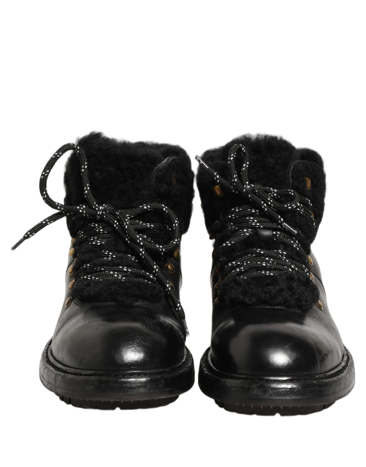 Dolce & Gabbana Black Trekking Fur Lace Leather Boots Men's Shoes