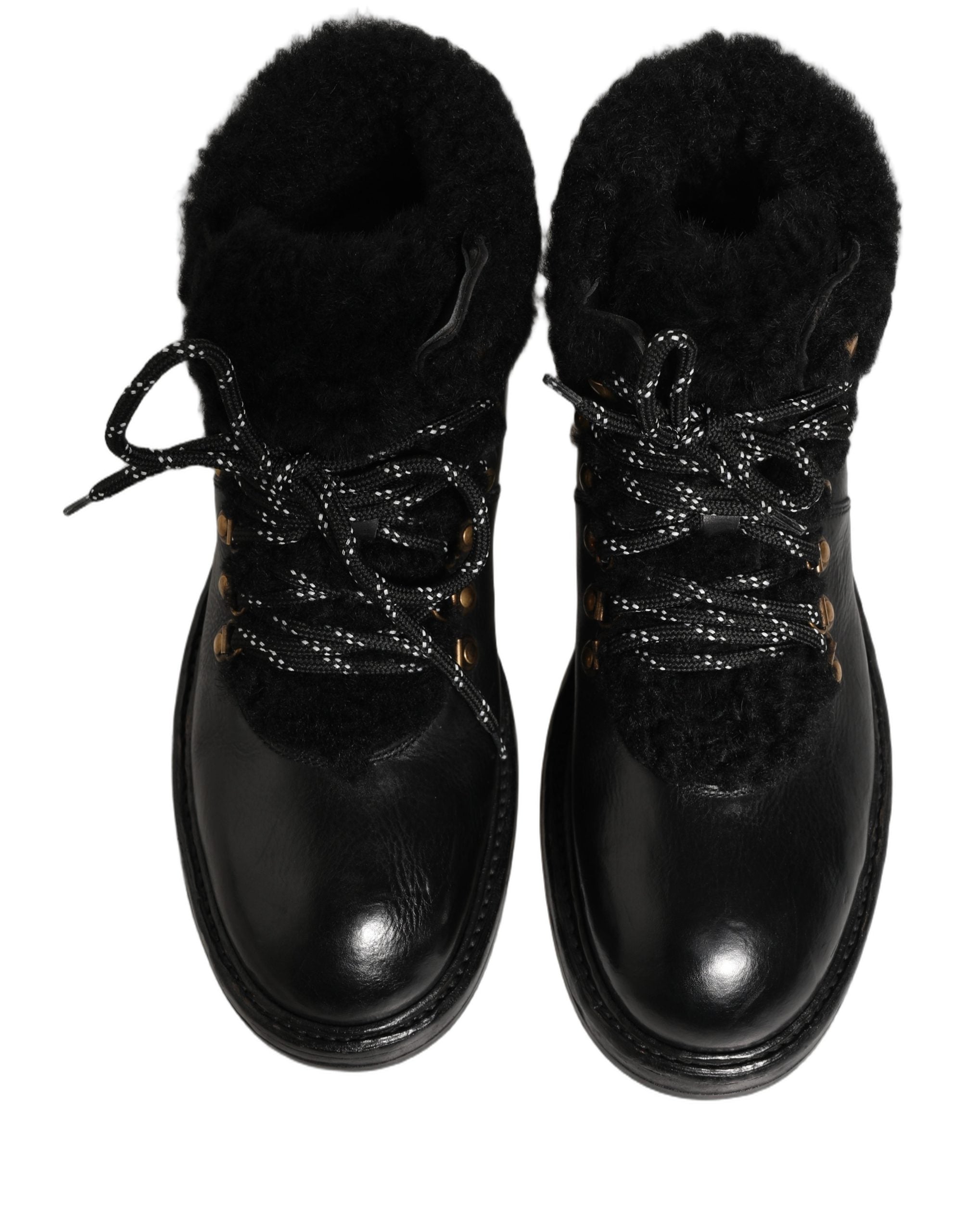 Dolce & Gabbana Black Trekking Fur Lace Leather Boots Men's Shoes