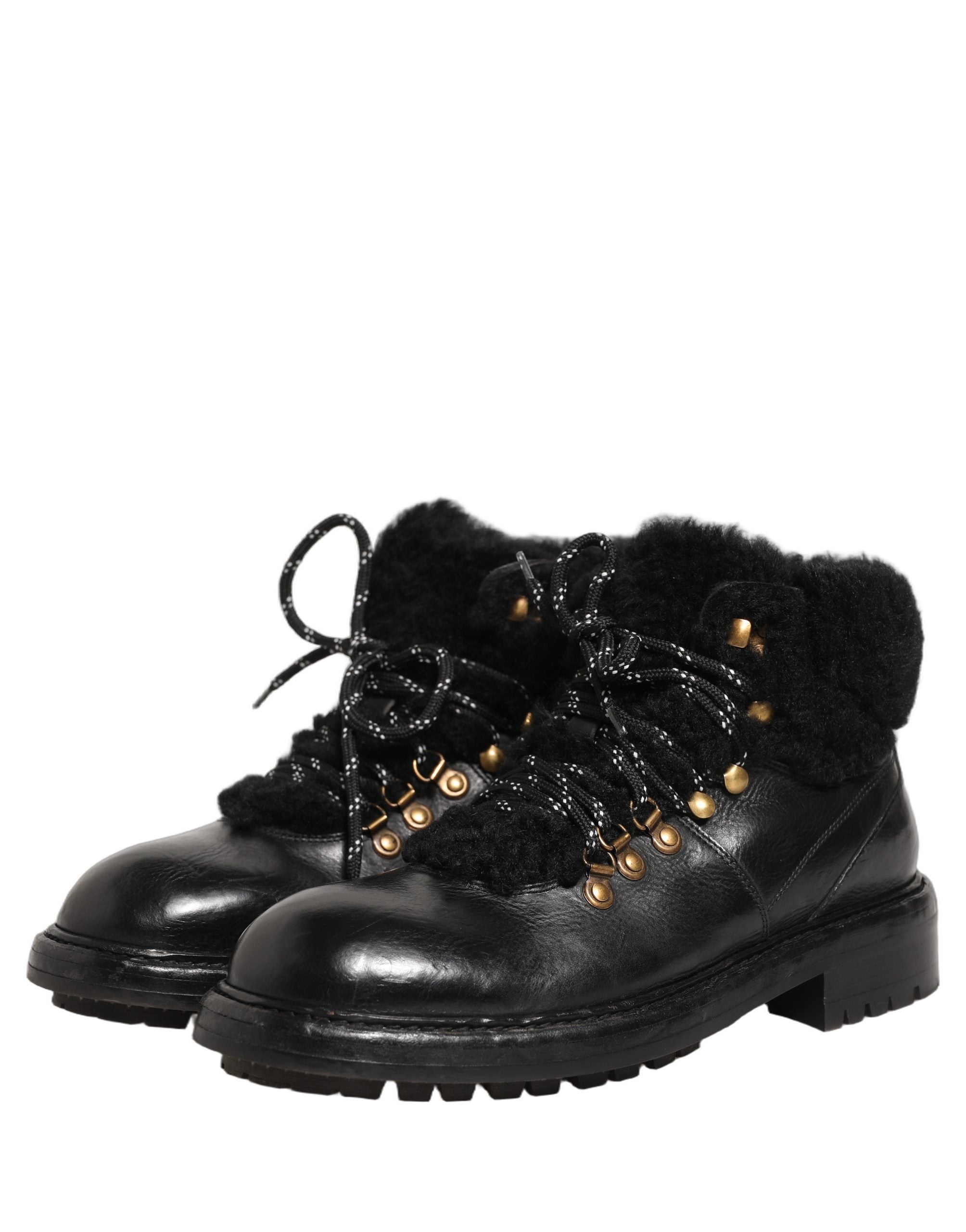Dolce & Gabbana Black Trekking Fur Lace Leather Boots Men's Shoes