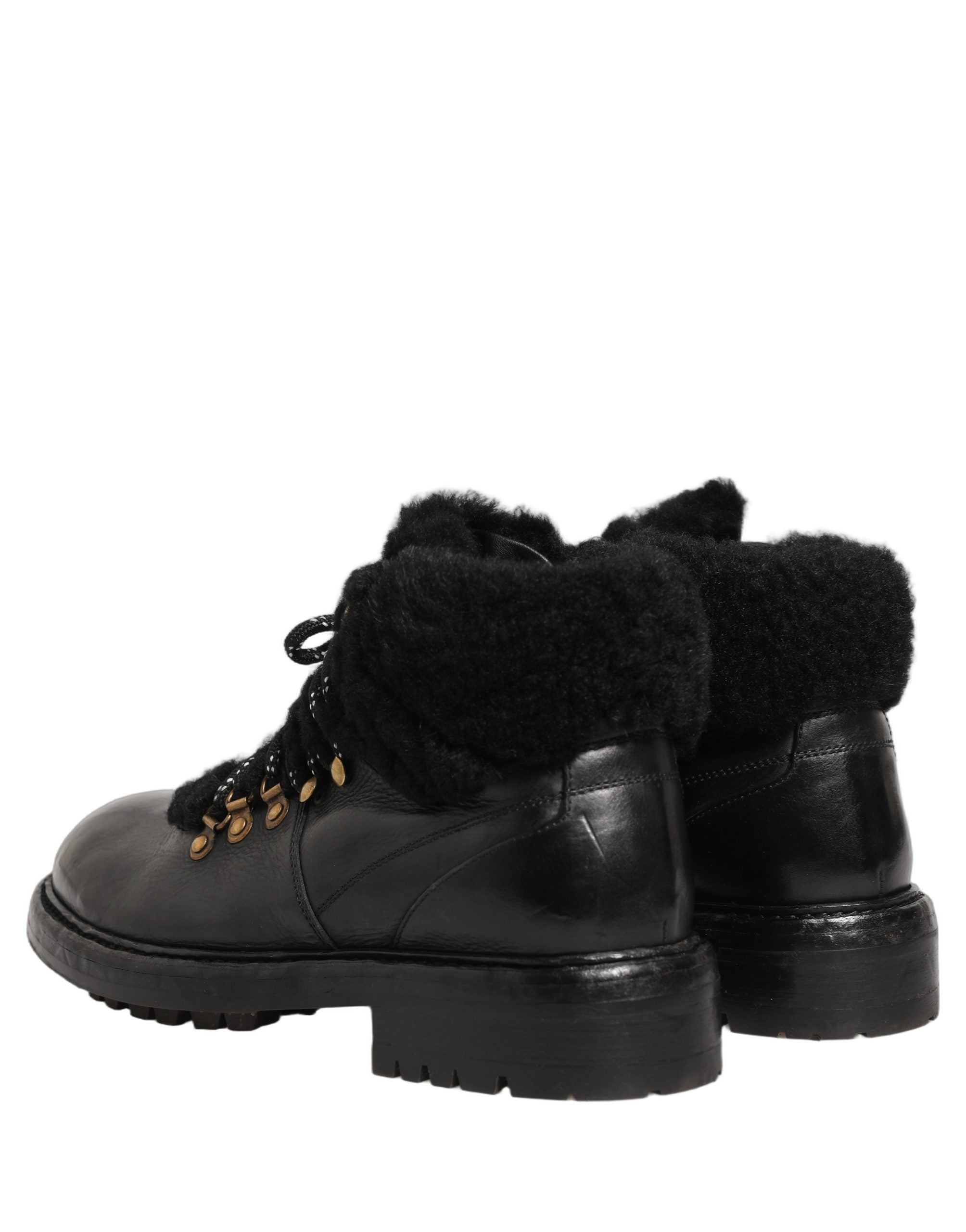 Dolce & Gabbana Black Trekking Fur Lace Leather Boots Men's Shoes