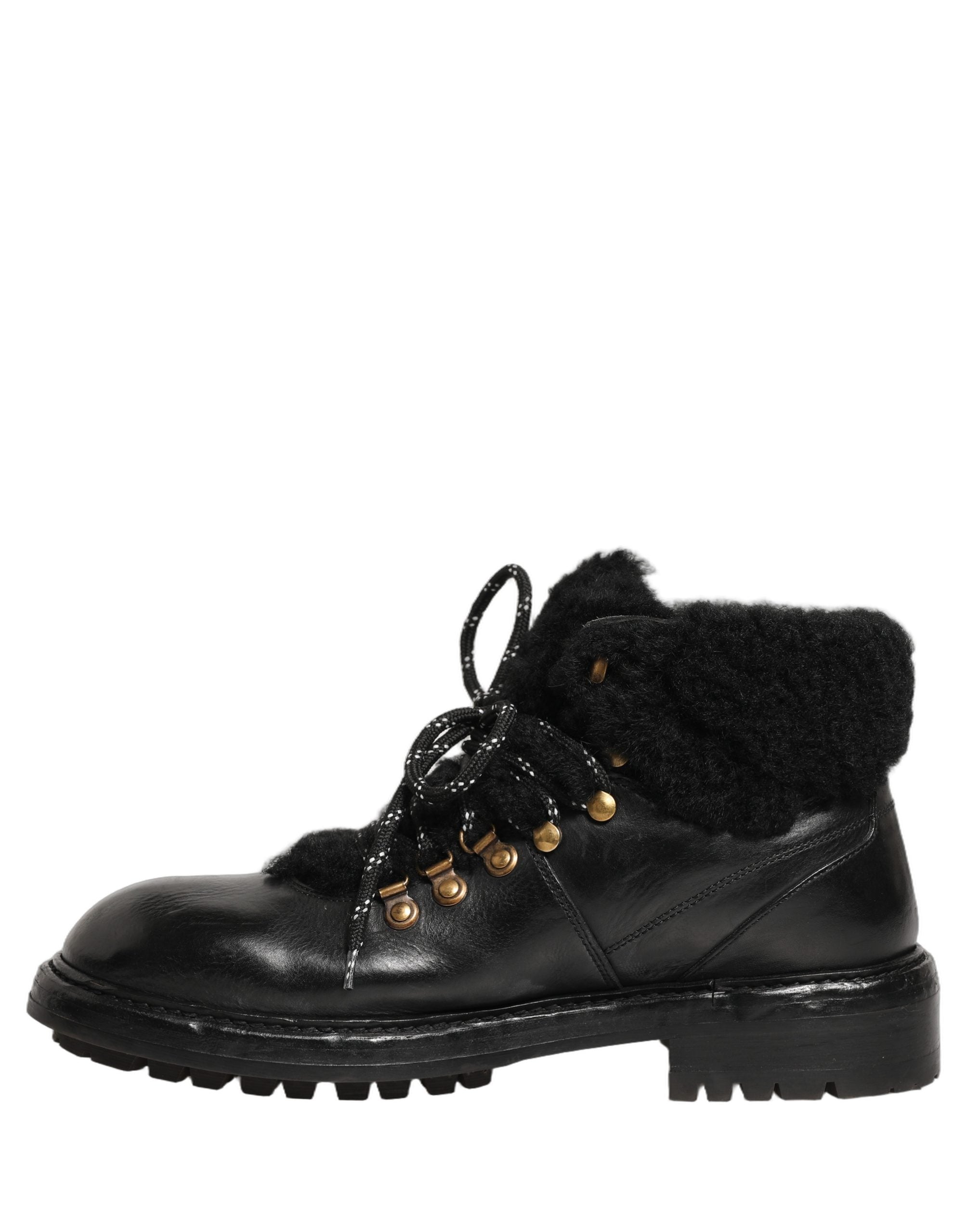 Dolce & Gabbana Black Trekking Fur Lace Leather Boots Men's Shoes