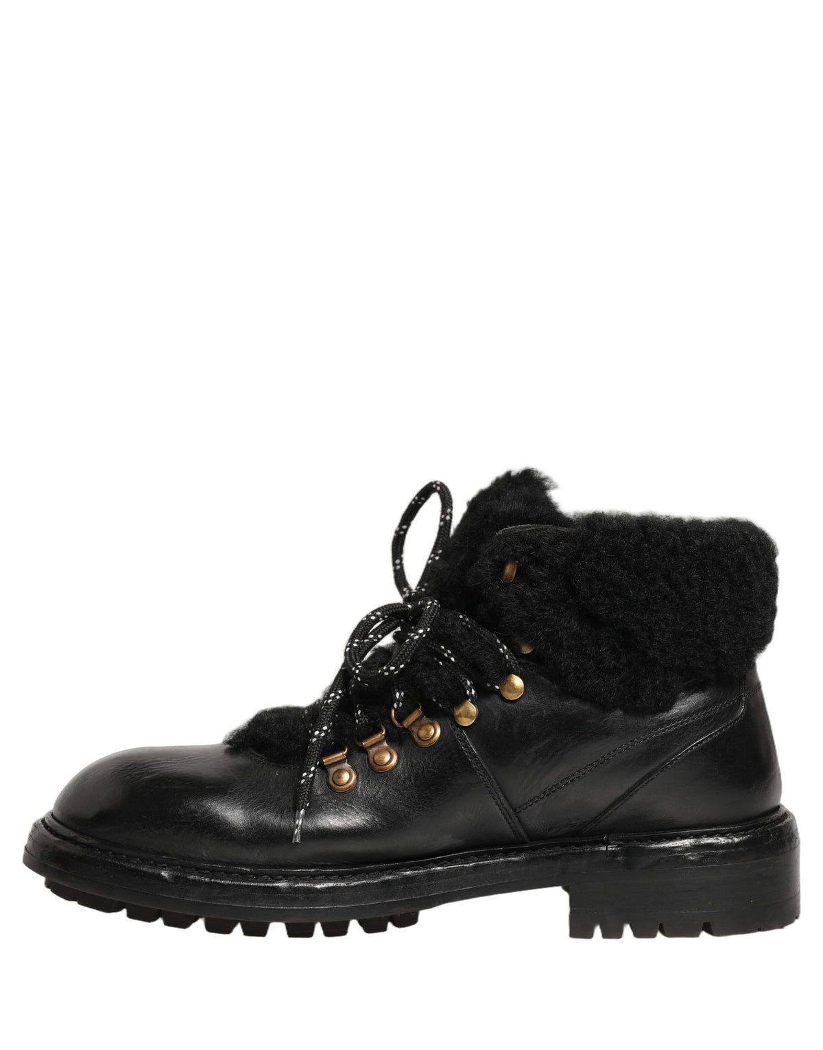 Dolce & Gabbana Black Trekking Fur Lace Leather Boots Men's Shoes