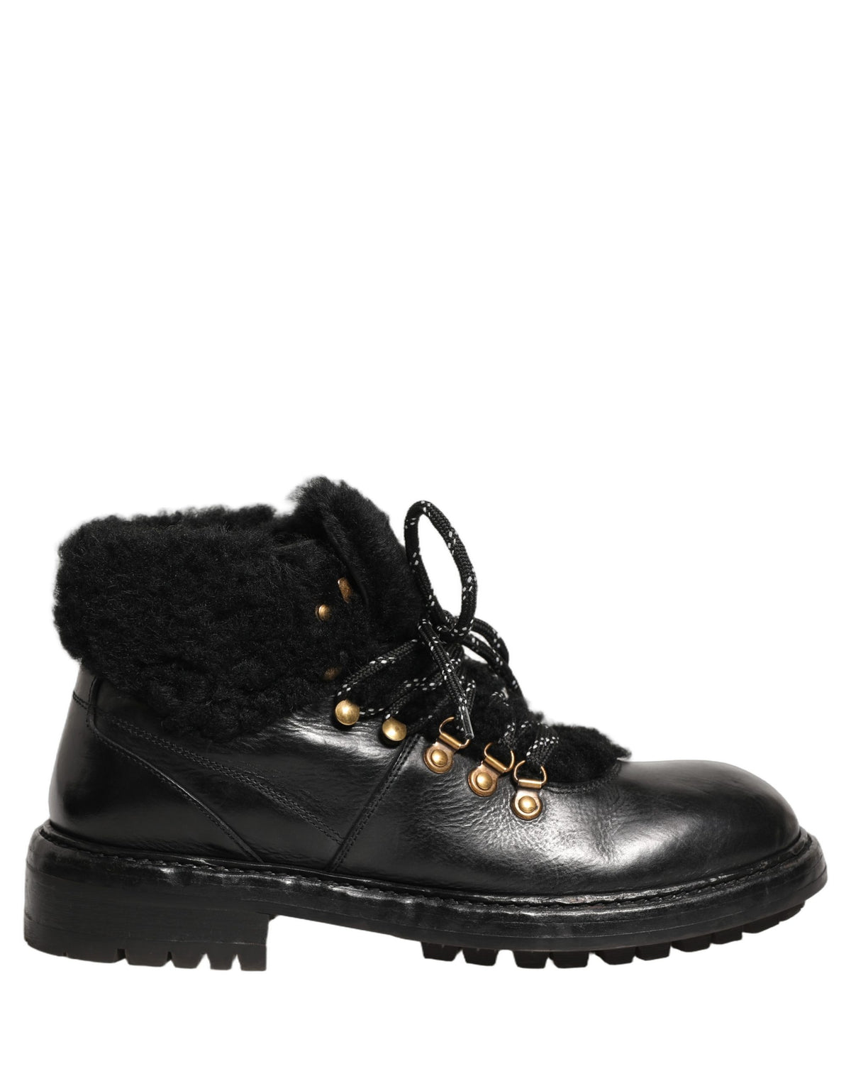 Dolce & Gabbana Black Trekking Fur Lace Leather Boots Men's Shoes