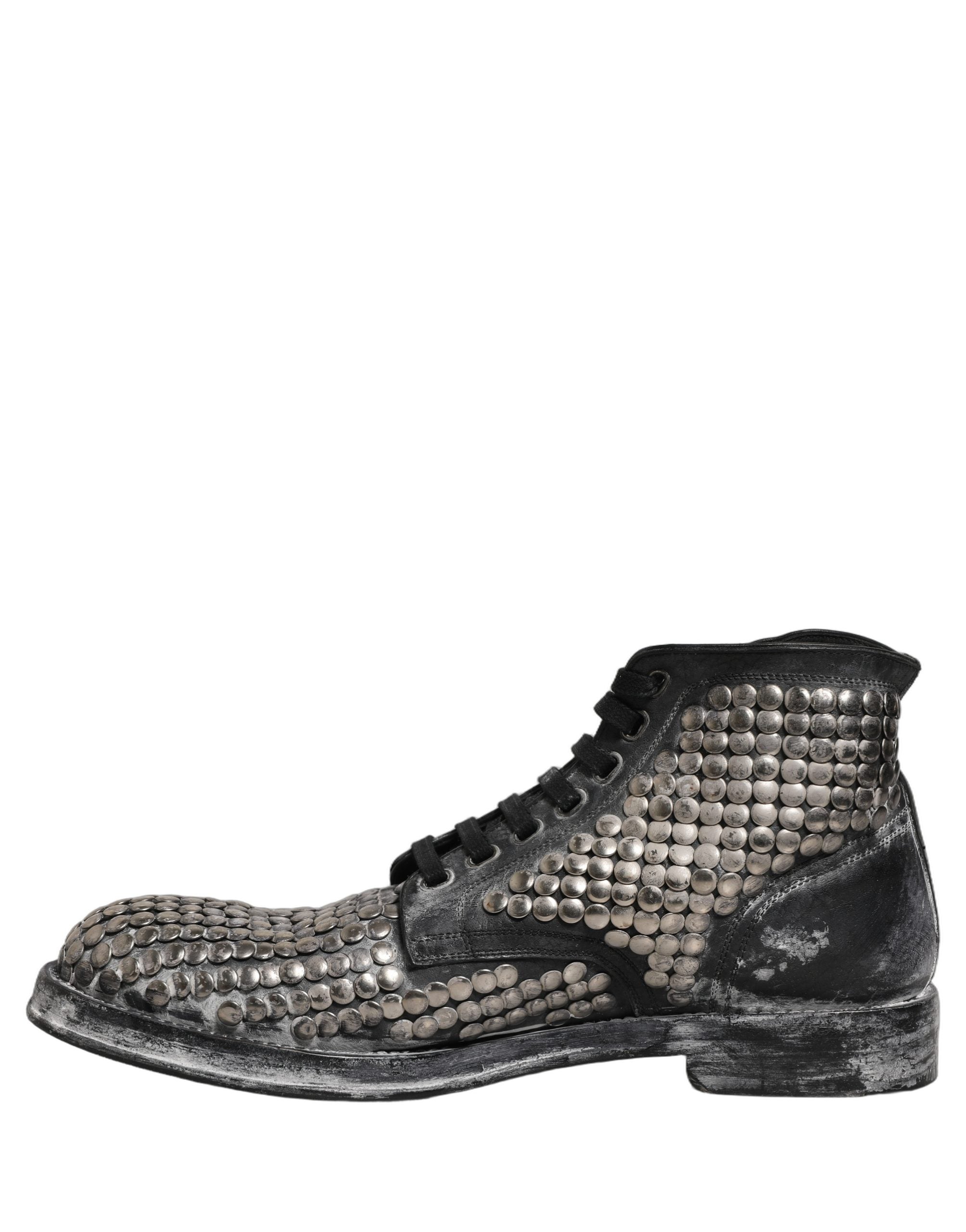 Dolce & Gabbana Black Leather Runway Studs Ankle Boots Men's Shoes