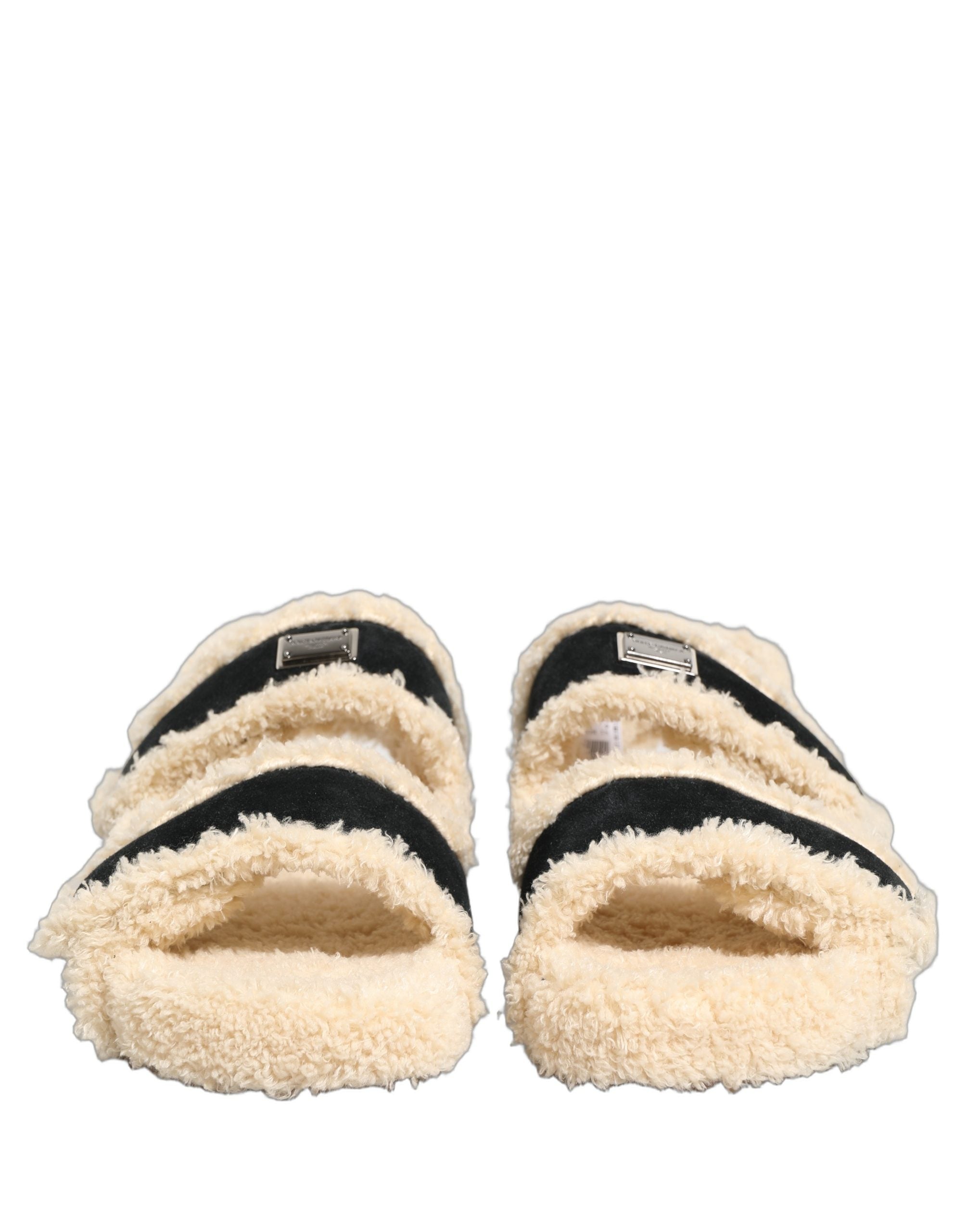 Dolce & Gabbana Beige Black Faux Fur Flats Men Sandals Men's Shoes