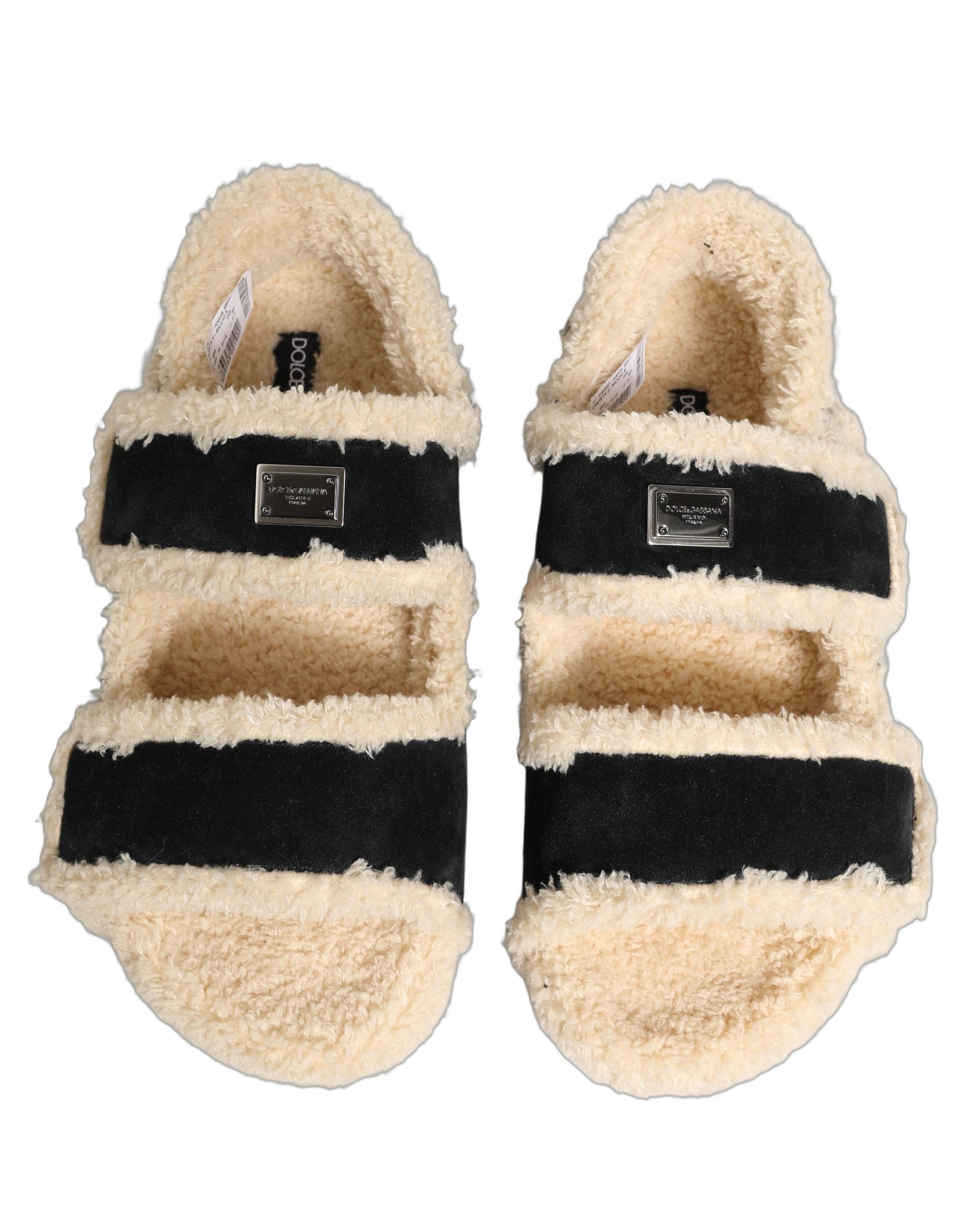 Dolce & Gabbana Beige Black Faux Fur Flats Men Sandals Men's Shoes