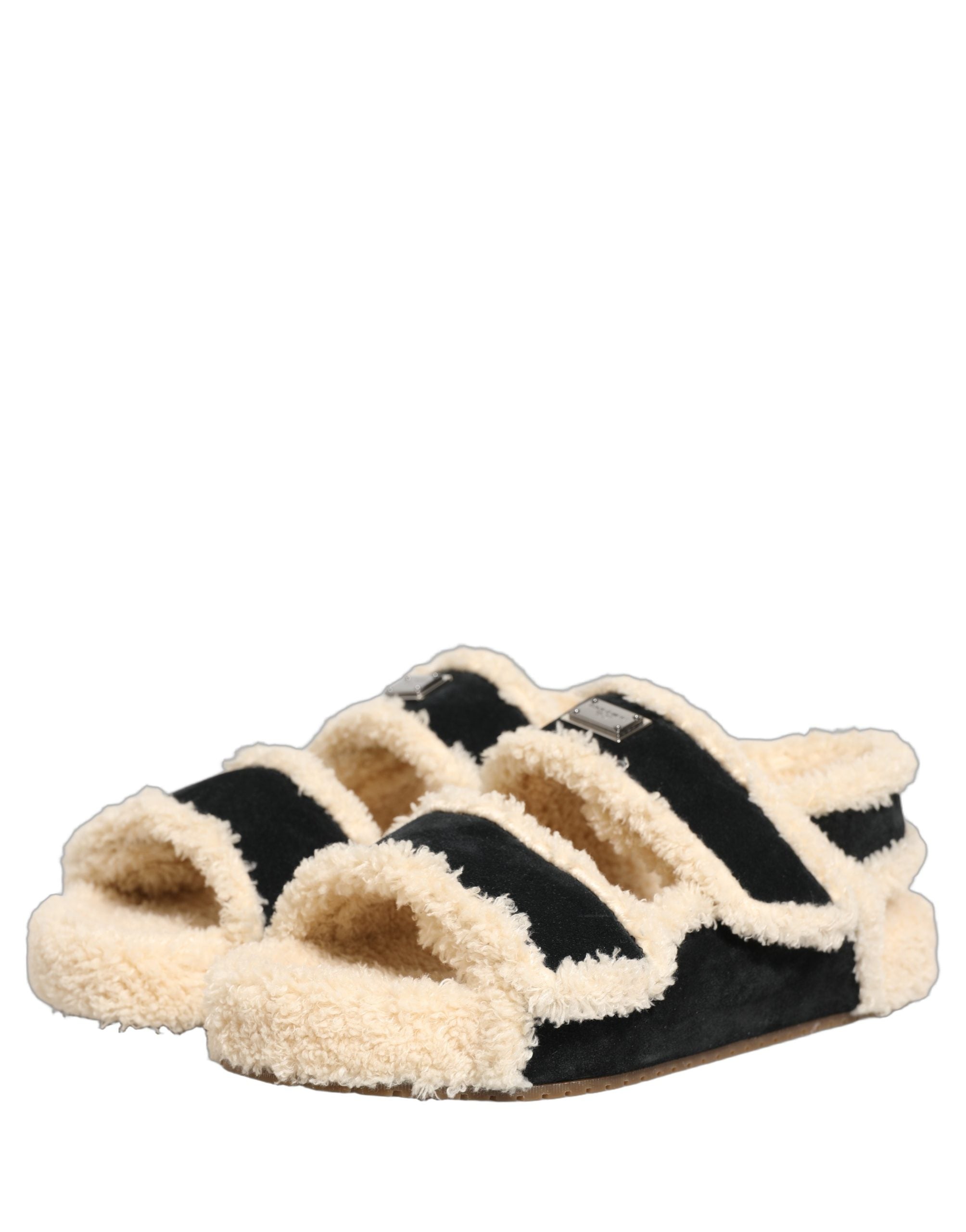 Dolce & Gabbana Beige Black Faux Fur Flats Men Sandals Men's Shoes