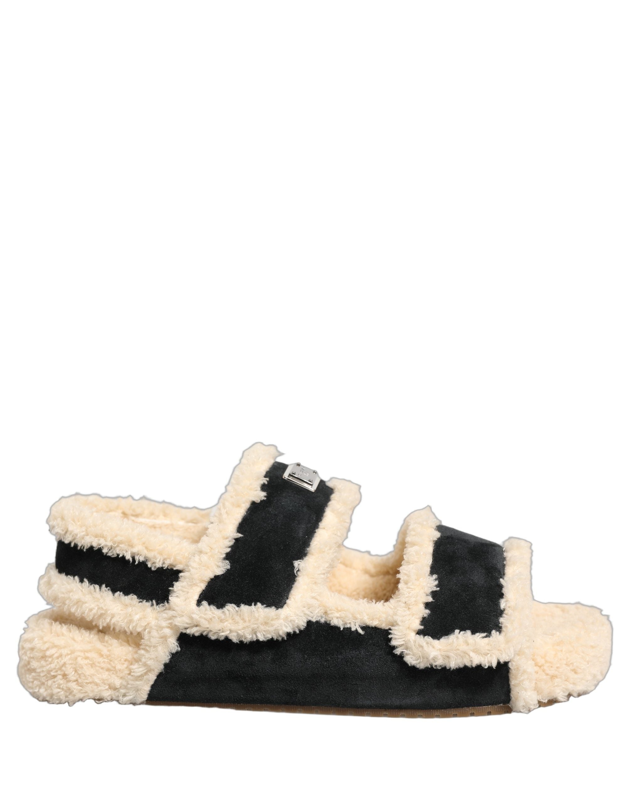 Dolce & Gabbana Beige Black Faux Fur Flats Men Sandals Men's Shoes